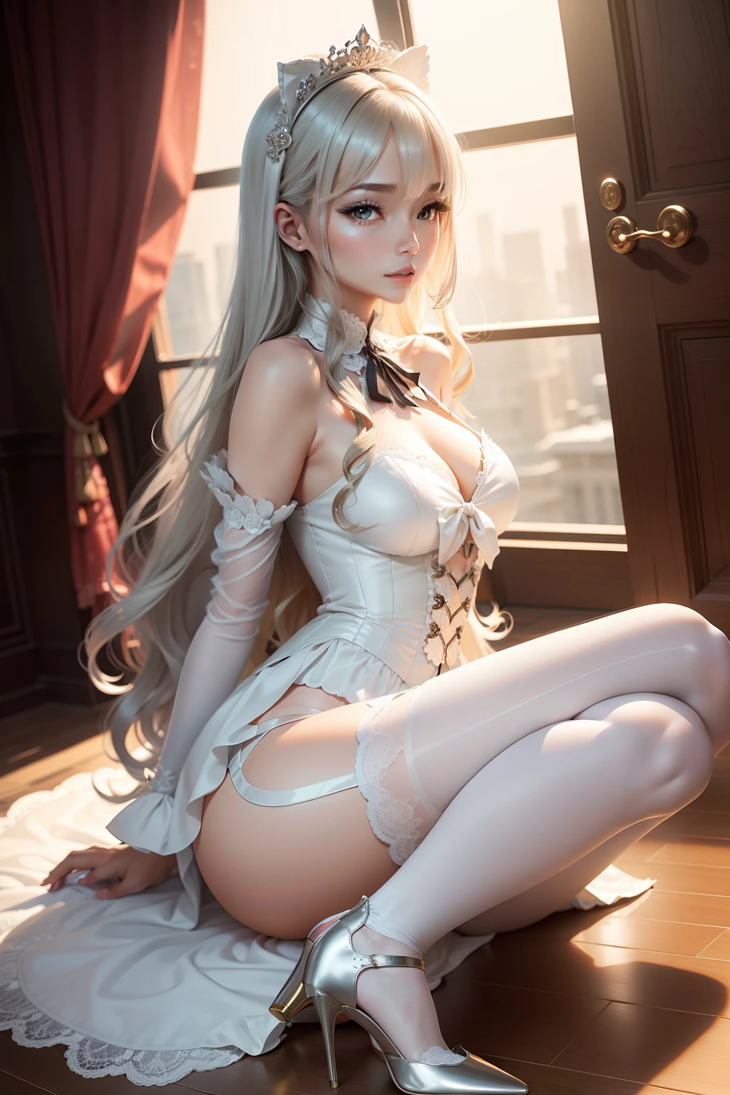 (tmasterpiece,best qualtiy:1.2),shot,独奏,Kizi,looking at viewert,long whitr hair,white dresses,lacepantyhose,high-heels,The is very detailed,Realistis,Mature woman,25 age old,nakeness