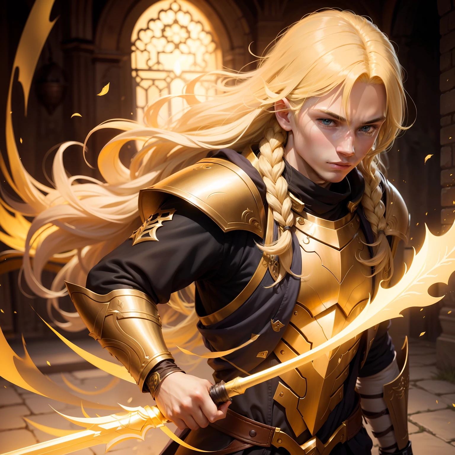 Draw a young boy with long yellow hair,Paladin form,Highlight the breath of the strong,Gentle and elegant temperament,Holding a yellow longbow