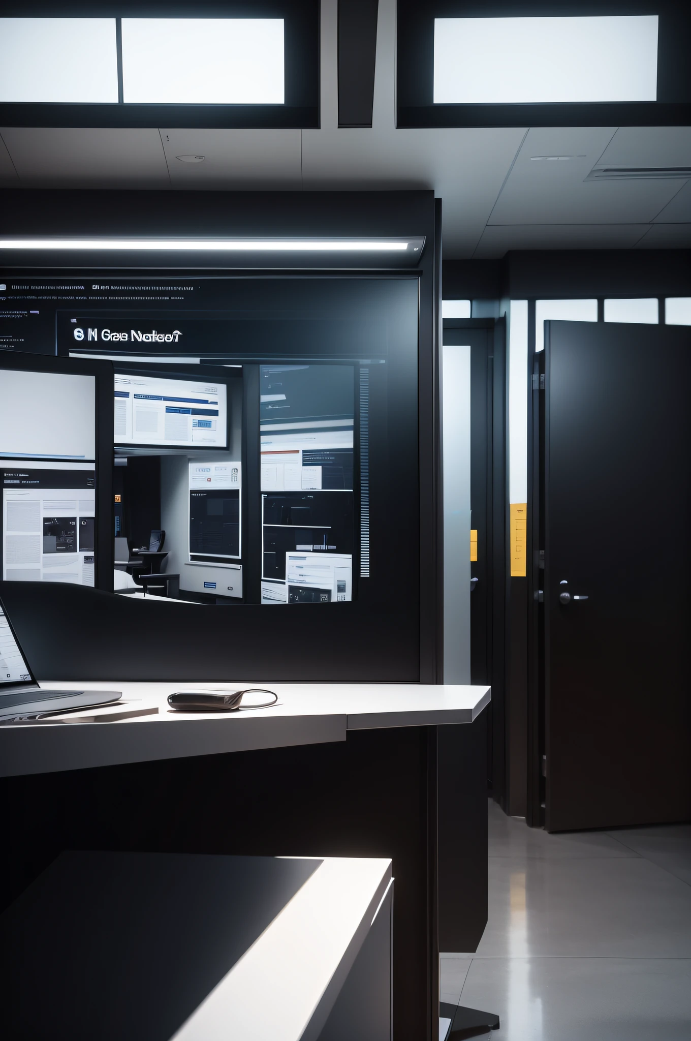Design an engaging newsroom environment with sleek glass panels, scrolling headlines, and virtual correspondents.
