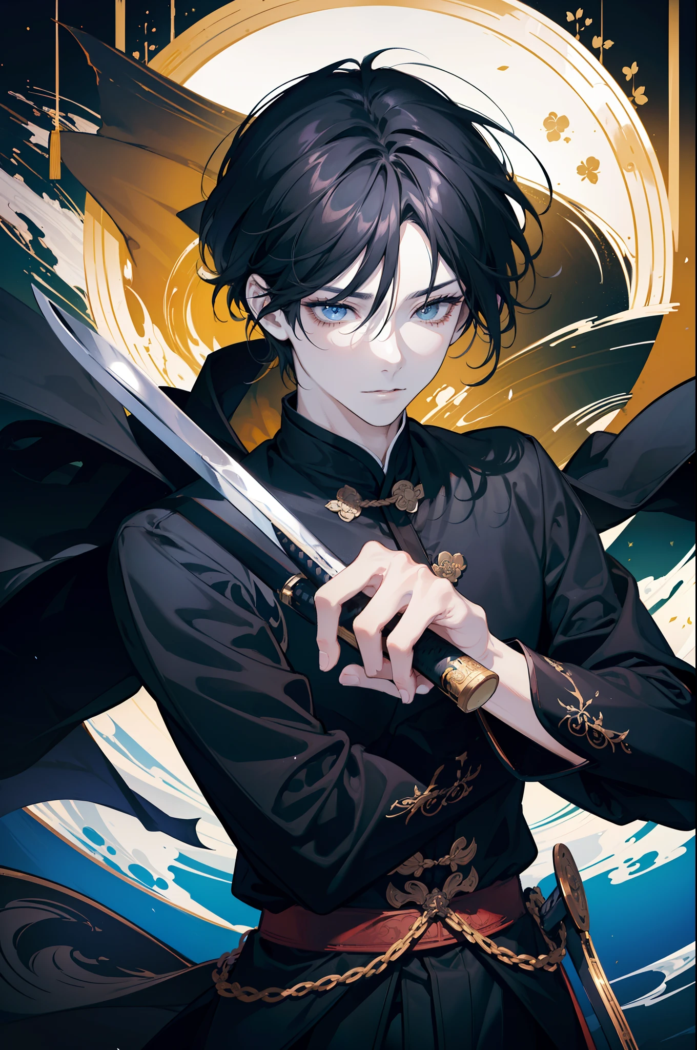masterpiece, a closeup of a man with a sword in a black robe, a character portrait by Yang J, trend in cgsociety, fantasy art, beautiful character painting, guweiz-style art, guweiz, white hanfu, flowing white robes, full-body wuxia, exquisite epic character art, stunning character art, handsome man killer, male, black hair, one hand holding a katana, 1boy, (mature male: 1.4), 1boy, solo, , light yellow eyes, detailed eyes, quality eyes, high detailed sword, black robe, florest background, ultra detailed eyes, 4k eyes