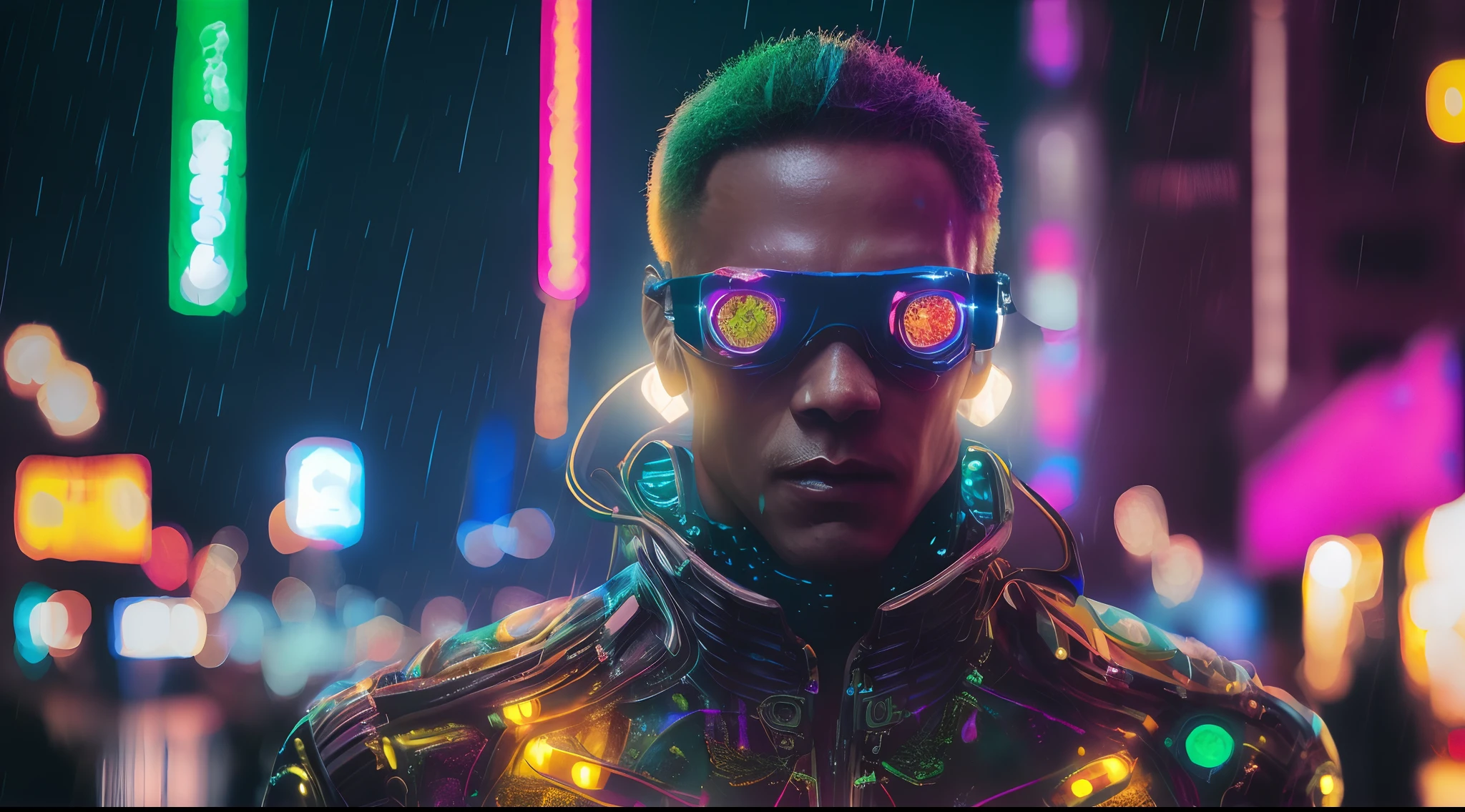 An award winning master piece photo of a cyborg man with psychedelic colors standing in a city street at night in the rain, wearing neon-colored glowing goggles, 8k, (high quality:1.1), (cinematic feeling:1.1), dark deep shadows, incredibly intricate detailing, art , (up close:1.1), from above, looking at viewer, (light sparkles:1.1), (chromatic aberration,:1.2) background with floating light artifacts