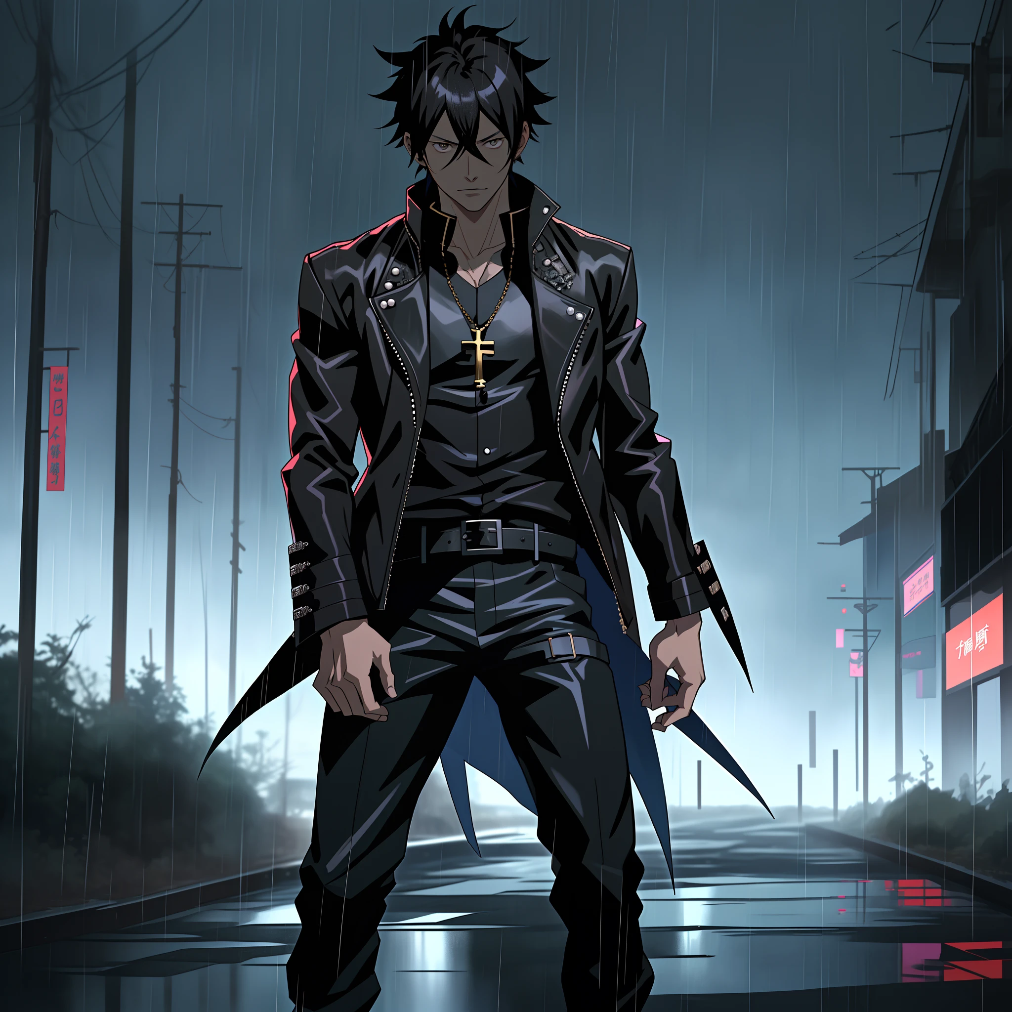 Anime man standing in the rain wearing a black leather jacket, inspirado em Okumura Masanobu, Kazuto Okada。, nobutaka ike, Badass anime 8 K, Anime handsome man, Anime portrait of a handsome man, anime concept hdr anime macmanus, Key anime art, male anime character, inspired by Yamagata Hiro