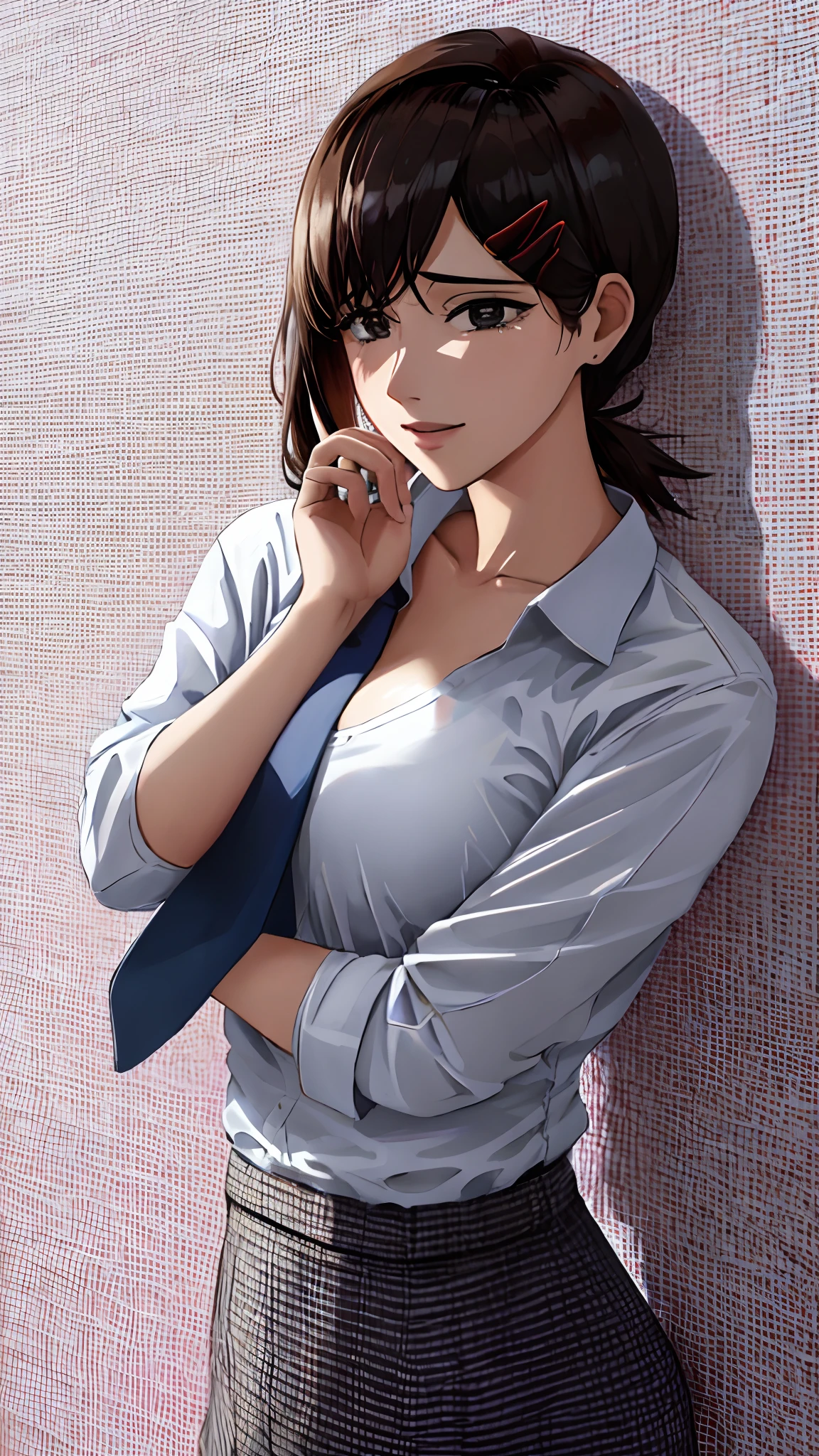 melhor qualidade, 4k,obra-prima, highres, original, papel de parede extremamente detalhado, (ultra-detalhado), (best illustration), (melhor sombra), (realismo), seios pequenos, seios perky, business suit, segurando uma faca, olhar louco, olhos loucos, yandere, suando, chorando, corando, blazer, gravata preta, camisa de colarinho branco, (olhos castanhos),