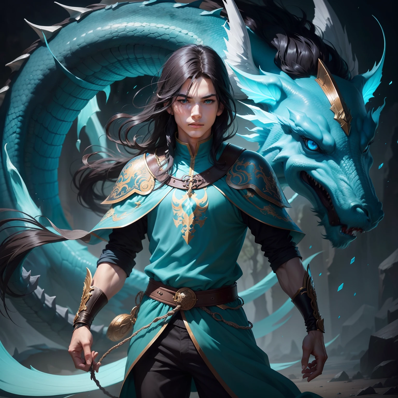 Draw a young boy with black hair and blue eyes,Have long flowing hair and wear cyan clothes,Highlight the breath of the strong,Surrounded by cyan dragons,High-quality masterpieces