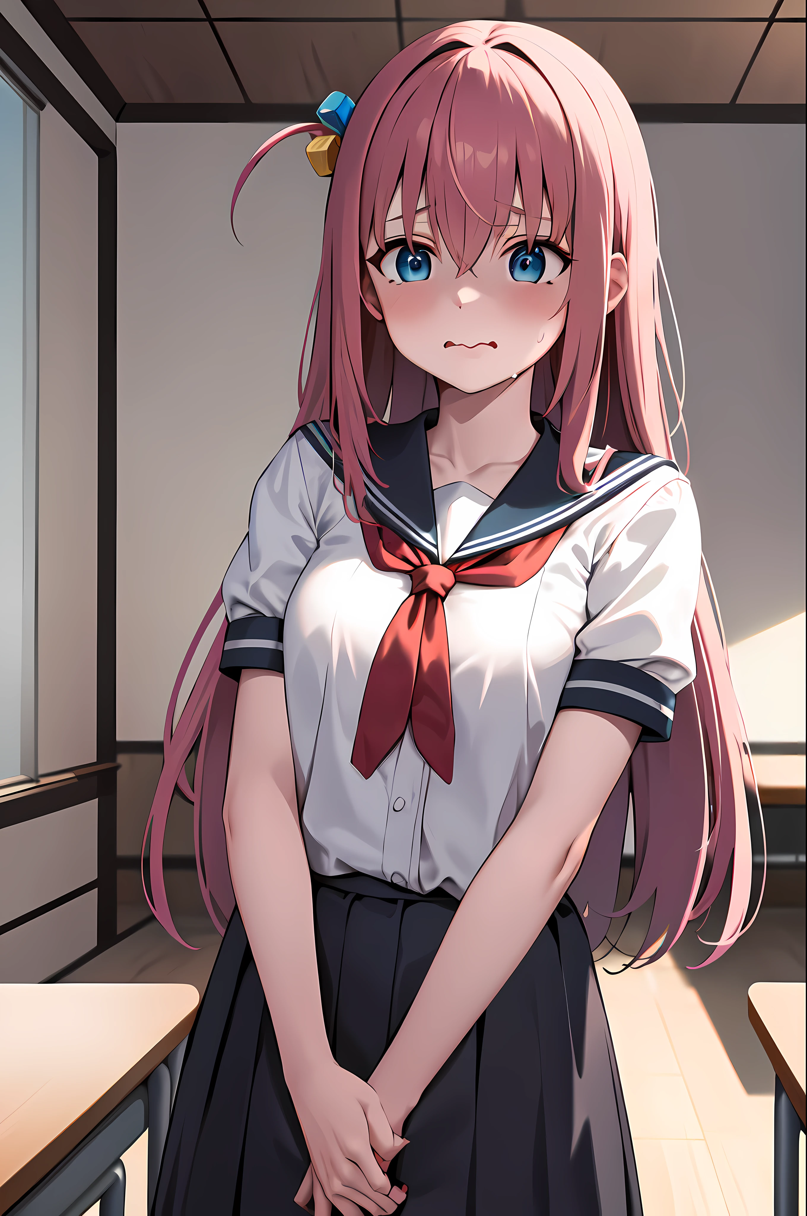 masterpiece, best quality, highres, gotou1, gotou hitori, solo, skirt, uniform, classroom, sailor collar, bangs, hair between eyes, shaded face, wavy_mouth, closesd_mouth, upper_body, standing, embarrassed, surprised, hands down