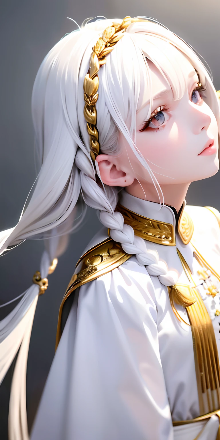 best quality, masterpiece,white hair, gold eyes,white clothes, looking up, upper body,hair strand,Fair skin,side braids