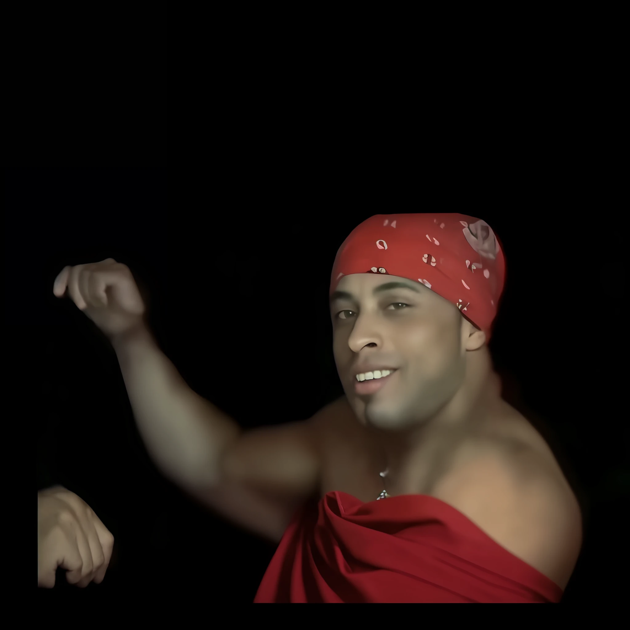 there is a man with a red bandana on his head, still from a music video, Capture the, wearing a bandana and chain, old footage, Ronaldo phenomenon, movie screen shot, wearing a red backwards cap, leaked footage, screenshot of found footage, vhs screencap, he‘s wearing a red neckerchief, YouTube video screenshots