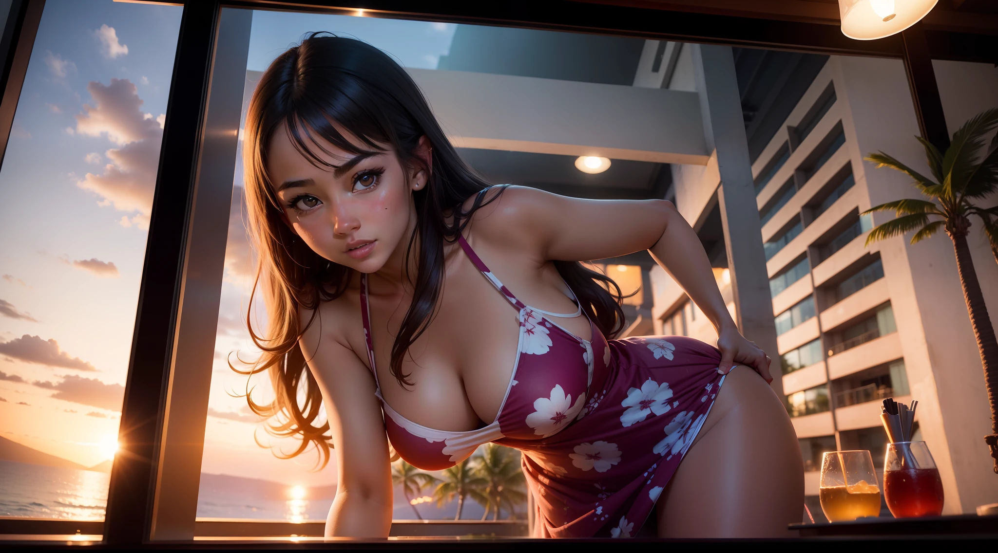 a beautiful girl in a club having fun she is wearing a dress to kill for she is with friends, the view of Hawaii Lahaina in the window (fine detail) (Masterpiece)