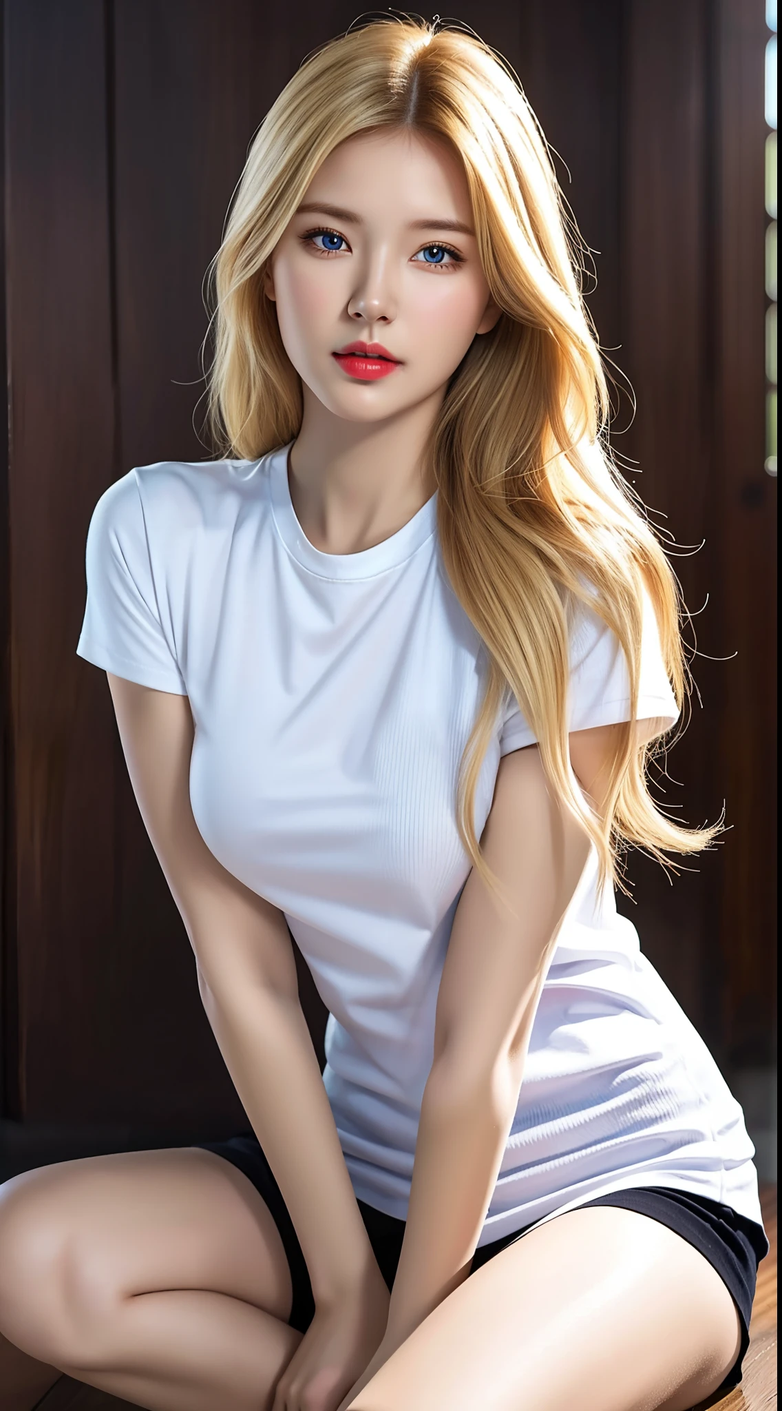 (hyperrealistic), (illustration), (high resolution), (8K), (extremely detailed), (best illustration), (beautiful detailed eyes), (best quality), (ultra-detailed), (masterpiece), (wallpaper), (photorealistic:1.4), (natural light), (rim lighting), (detailed face), high detailed realistic asian skin texture, anatomically correct, solo, 1 girl, (high detailed realistic long blonde hair:1.3), heterochromic eyes, (detailed blue eyes), small moles under the eyes, (big breasts:1.5), long legs, tight abs, dynamic pose, white tight yoga t-shirt, (upon body from head to thighs:1.4), sitting,