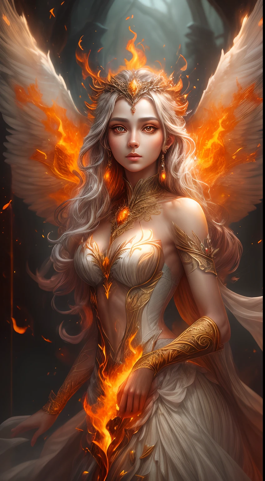 This is a realistic fantasy artwork prominently featuring realistic fire, including wisps of flames, glowing hot embers, subtle curls of smoke, and a beautiful fire druid. The druid stands in the midst of a raging inferno with an interesting composition. Her face is expertly sculpted, with elegant and refined features and perfect shading and realistic skin texture. Her (orange and gold eyes) are stunning and are the focal point of this image. (Her eyes extremely detailed, beautiful detailed eyes, and macro). Her eyes feature intricate detailing with clearly defined irises and bright sclera. Her soft lips are smooth and very puffy, and her skin is adorned with a light flush and ornate fire detailing. Her long gown is stunning and expensive, and is made of pure flames and glittering, ornate jewels that glimmer in the fire light. Her billowing gown glitters from the flames and features a delicately and intricately embroidered bodice with wisps of flames running across it. Include fantasy elements like bumps, stones, fiery iridescence, glowing embers, silk, and an interesting background. Include fiery magical creatures such as fiery birds and fiery butterflies that give off a magical and mystical aura. Lighting: Utilize the latest trends in lighting to enhance the artwork's beauty. Camera: Utilize dynamic composition to create a sense of urgency and excitement. Take inspiration from the current masters of the fantasy genre, including trending artists on Artstation and Midjourney. ((masterpiece))