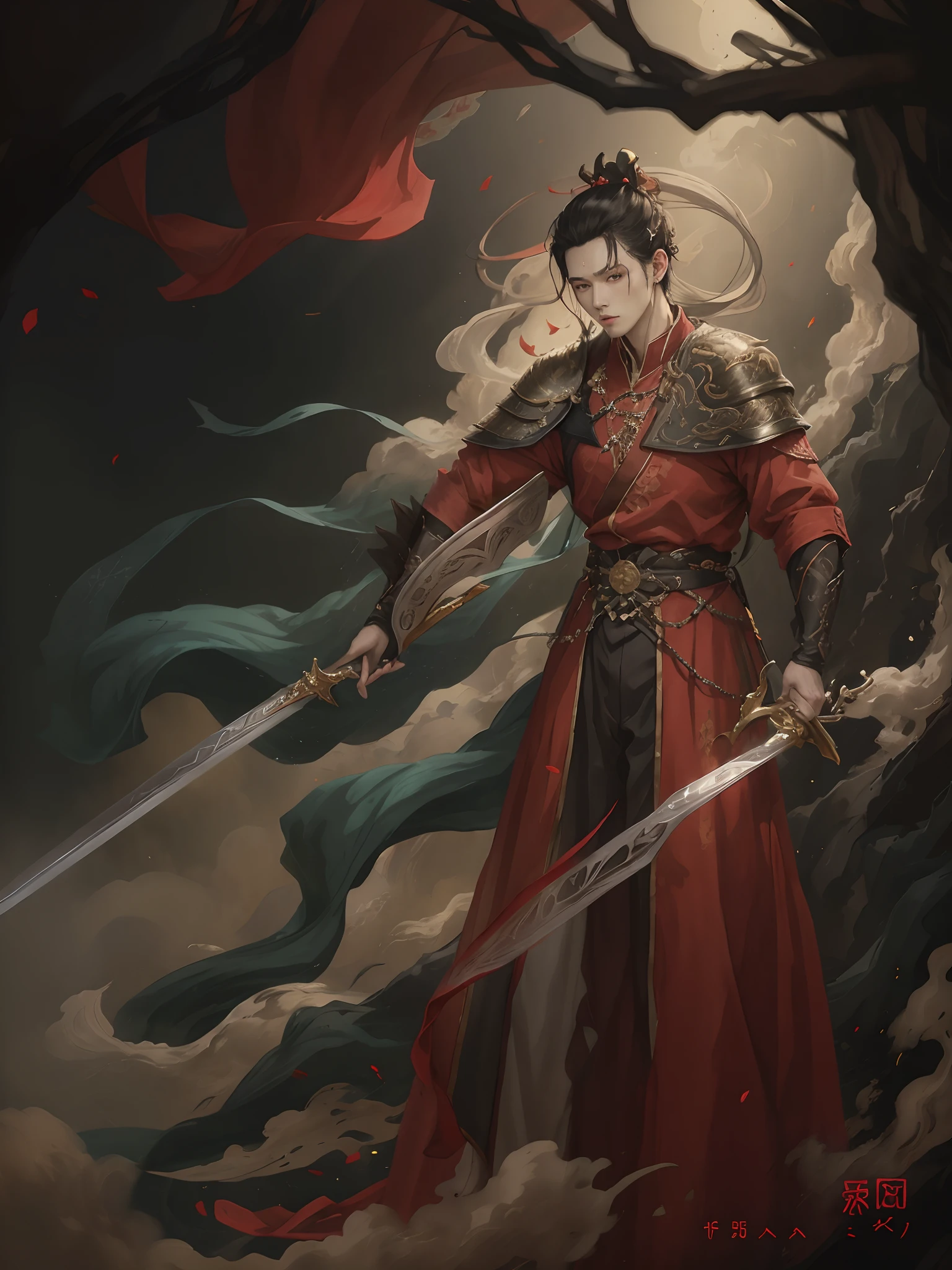 A man,Wu Yifan,shoun,Sword in hand,mythical character,Moire,floated hair