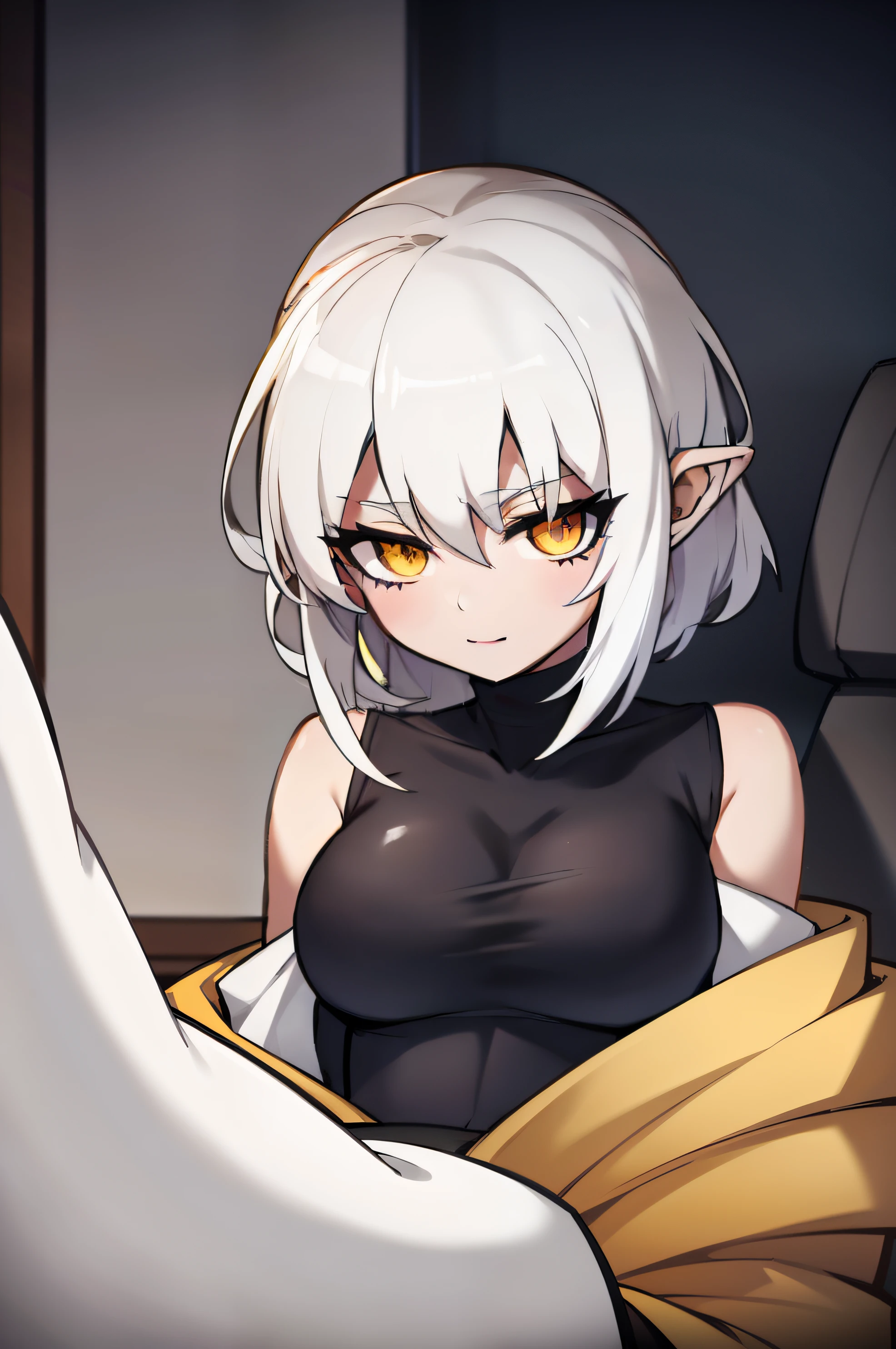 anime com cabelo branco e olhos amarelos sentada em um carro, sorriso sensual, sorriso roguish, Impacto de Ayaka Genshin, menina sedutora, divindade de cabelos brancos, de meninas da le frente, sexy gaze, anime moe artstyle, com olhos amarelos brilhantes, Krenz Cushart e Artgerm, cushart krenz arte chave feminina