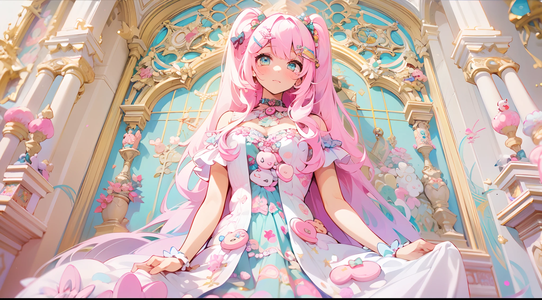 kawaii, cute, adorable, pink, yellow, babyblue, ((1girl)), "A beautiful girl with flowing hair and captivating eyes, dressed in an exquisite floor-length gown embellished with floral designs, poised gracefully within the resplendent grandeur of a cathedral.", decora, hairclips, harajuku fashion outfit, harajuku