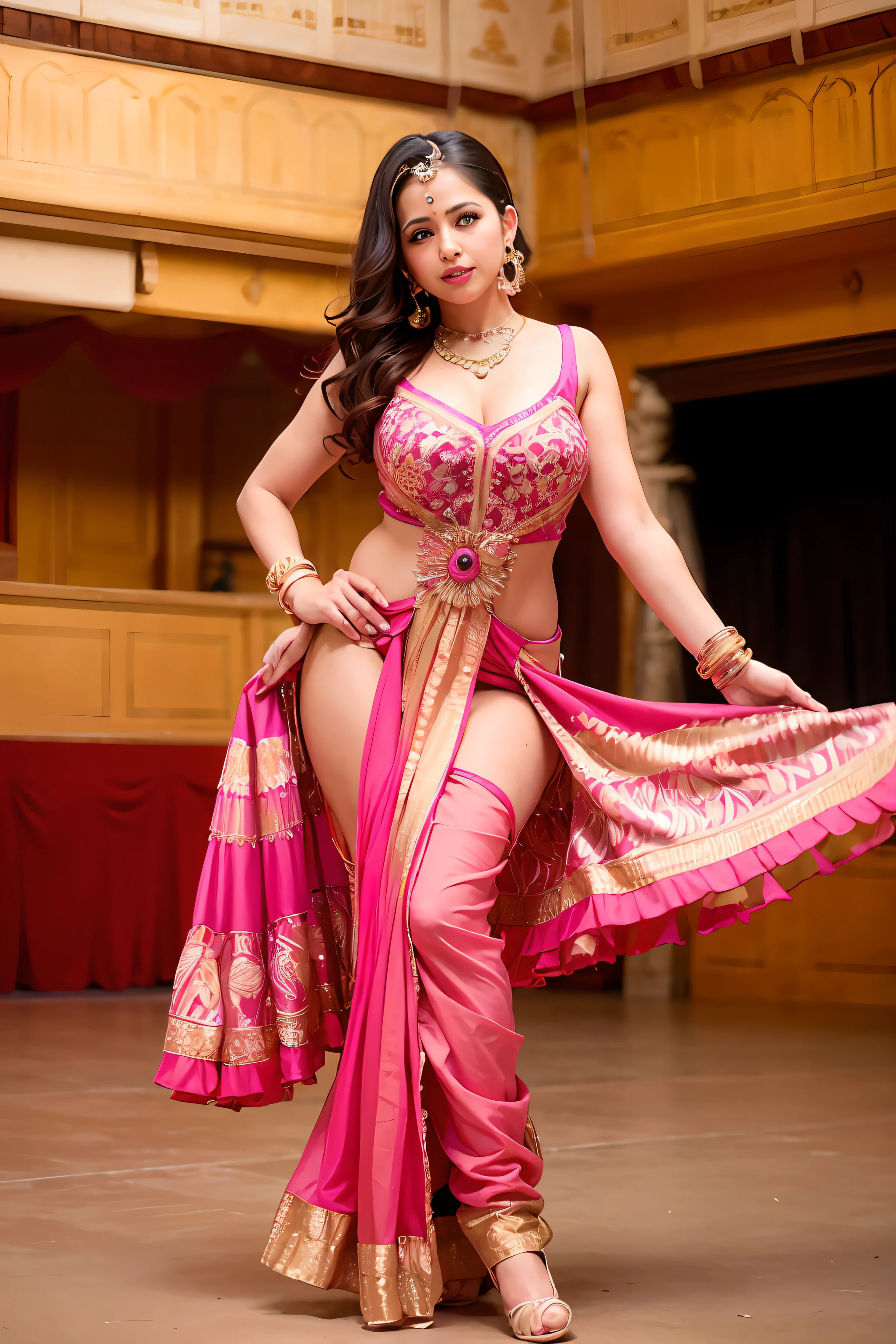 a woman is posing for a photo,(wearing indian_dance_dress:1.3), pink dress, 
good hand,4k, high-res, masterpiece, best quality, head:1.3,((Hasselblad photography)), finely detailed skin, sharp focus, (cinematic lighting), collarbone, night, soft lighting, dynamic angle, [:(detailed face:1.2):0.2],(((exhibition inside theater))),
