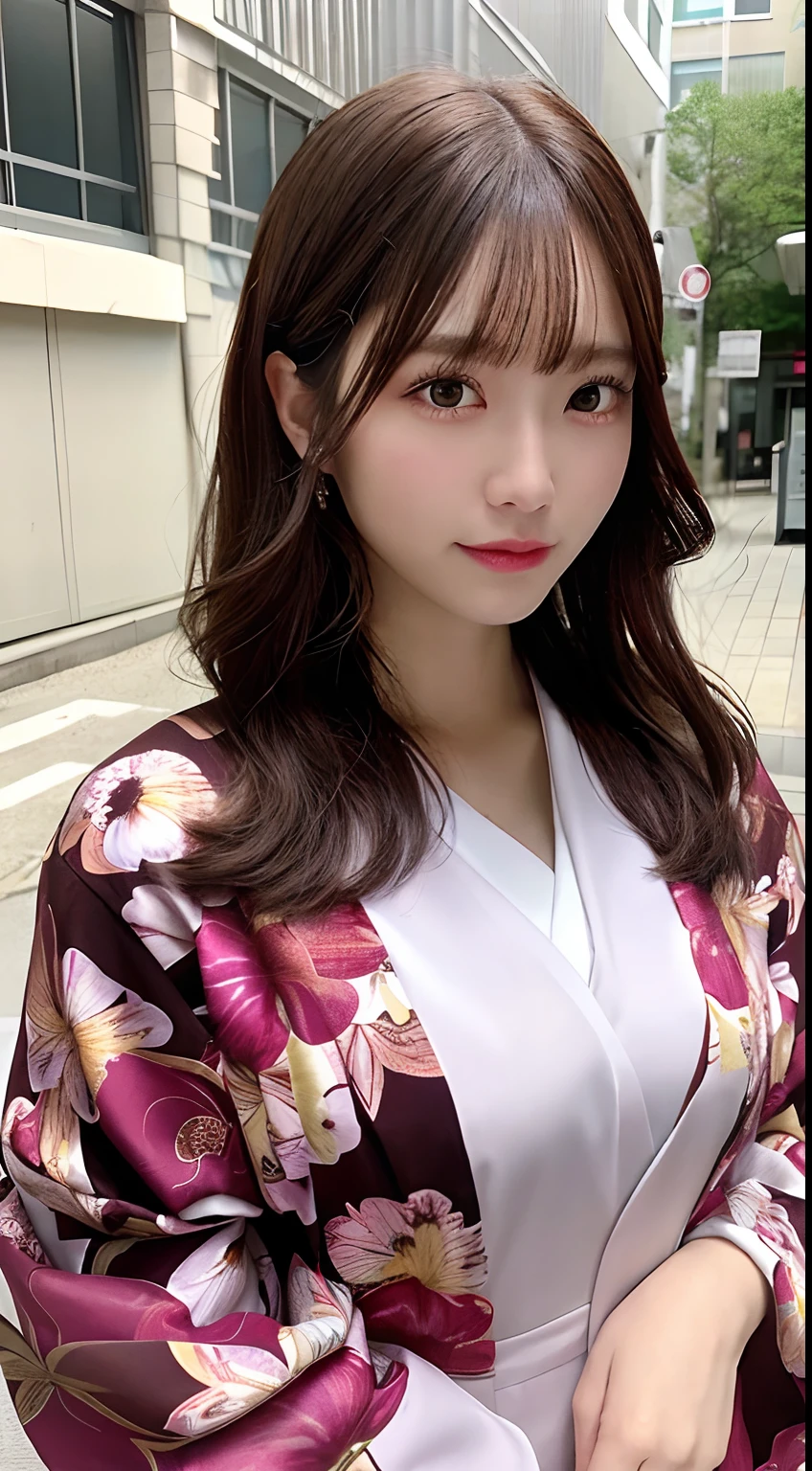 ((BEST QUALITY、8k、A Masterpiece:1.3))、Crisp focus:1.2、Beautiful woman in perfect style:1.4、Slender abs:1.2、((Dark Brown Hair、Big Boobs:1.2))、(Pink,、floral print、kimono ,:1.1)、Street:1.2、Very detailed face and skin texture、detailed eye、Double eyelidd