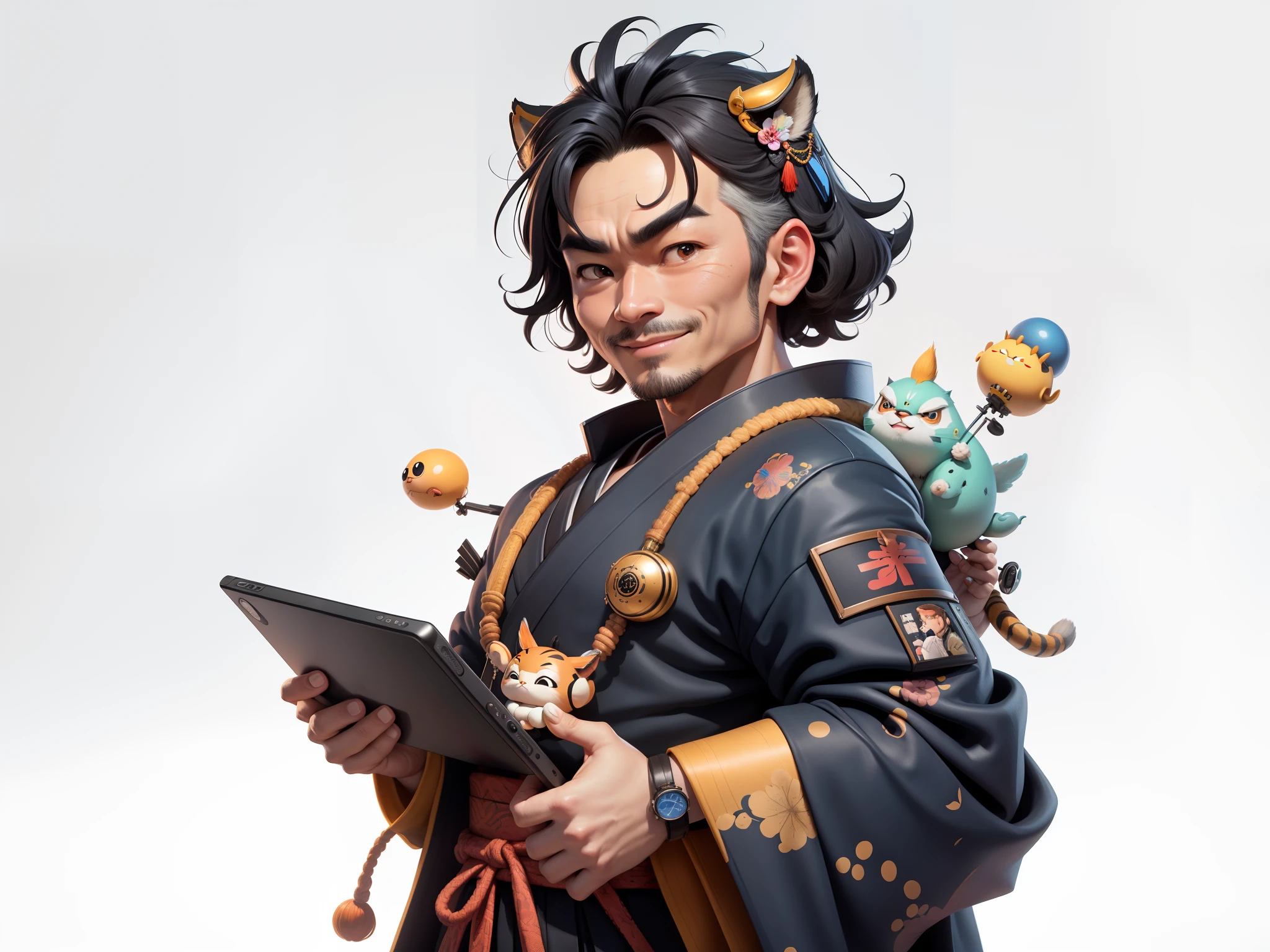 (Daisaku),(Need),(Super meticulous),(full bodyesbian:1.2),Super young man with Japanese geisha，Beautiful，orient，one tiger，Aeolian Thor，Raised sexy，爆乳，Oriental face，TV Anchor，Bust portrait illustration，In black suit，a blue tie，The face is slightly chubby，The face was clean，without a beard，Black super short hair，Black eyes，Smile confidently，3C computer sub-products，iPad， iphone，Digital painting，3D character design by Mark Clairen and Pixar and Hayao Miyazaki and Akira Toriyama，The illustration is a high-definition illustration in 4K resolution，With very detailed facial features and cartoon-style visuals。