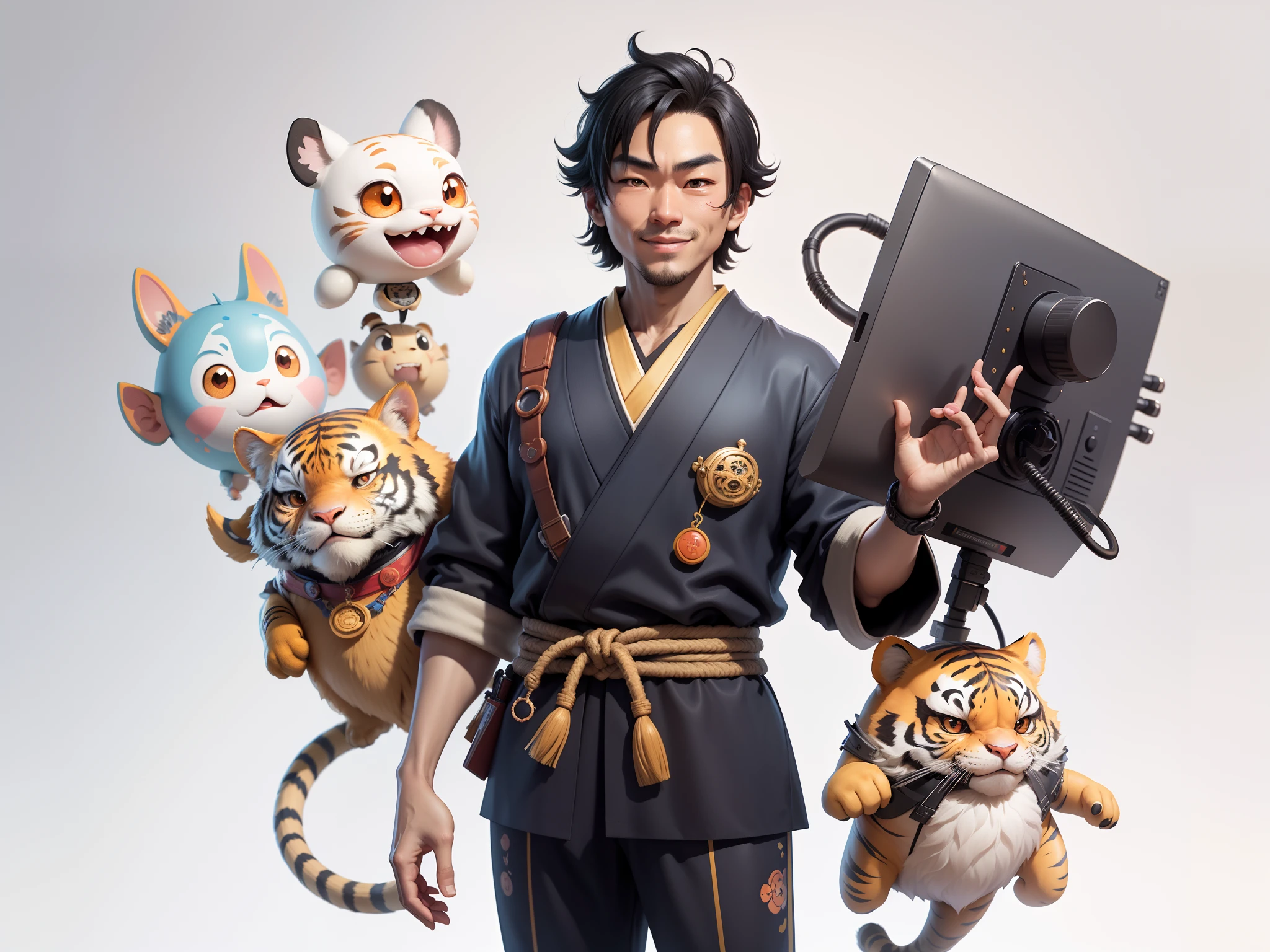 (Daisaku),(Need),(Super meticulous),(full bodyesbian:1.2),Super young man with Japanese geisha,Beautiful,orient,one tiger,Aeolian Thor,Raised sexy,爆乳,Oriental face,TV Anchor,Bust portrait illustration,In black suit,a blue tie,The face is slightly chubby,The face was clean,without a beard,Black super short hair,Black eyes,Smile confidently,3C computer sub-products,iPad, iphone,Digital painting,3D character design by Mark Clairen and Pixar and Hayao Miyazaki and Akira Toriyama,The illustration is a high-definition illustration in 4K resolution,With very detailed facial features and cartoon-style visuals。