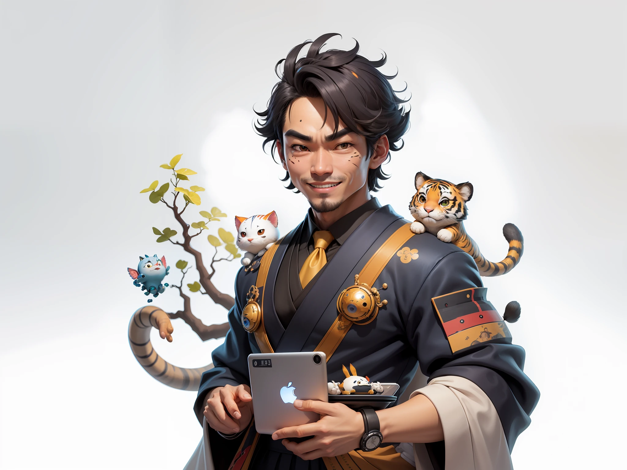 (Daisaku),(Need),(Super meticulous),(full bodyesbian:1.2),Super young man with Japanese geisha,Beautiful,orient,one tiger,Aeolian Thor,Raised sexy,爆乳,Oriental face,TV Anchor,Bust portrait illustration,In black suit,a blue tie,The face is slightly chubby,The face was clean,without a beard,Black super short hair,Black eyes,Smile confidently,3C computer sub-products,iPad, iphone,Digital painting,3D character design by Mark Clairen and Pixar and Hayao Miyazaki and Akira Toriyama,The illustration is a high-definition illustration in 4K resolution,With very detailed facial features and cartoon-style visuals。
