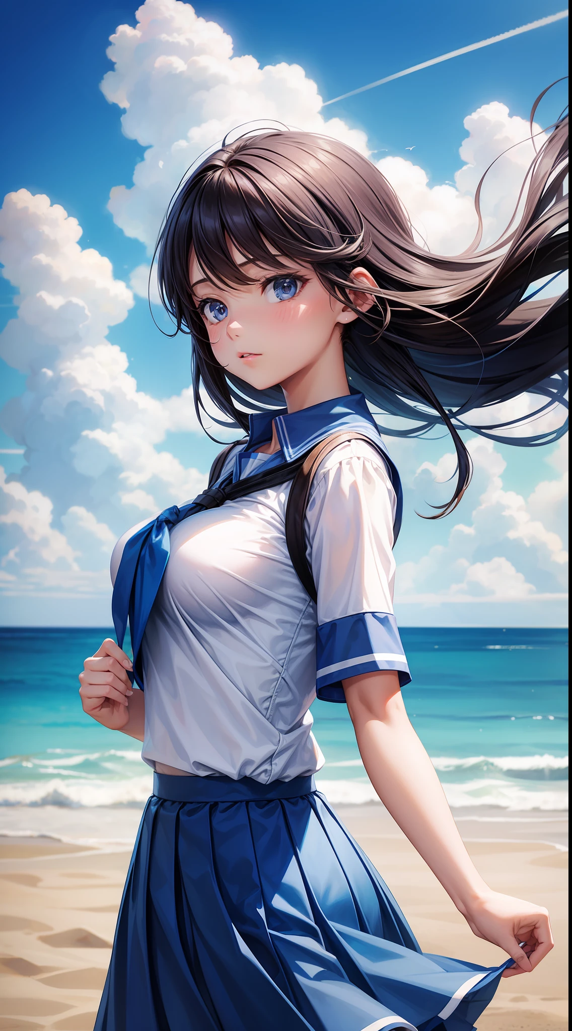 One wears blue short sleeves，pleatedskirt，Beautiful young woman，Bigchest，Blowing the wind on the steppe，32k，Ultra-clear picture，The sky is clear