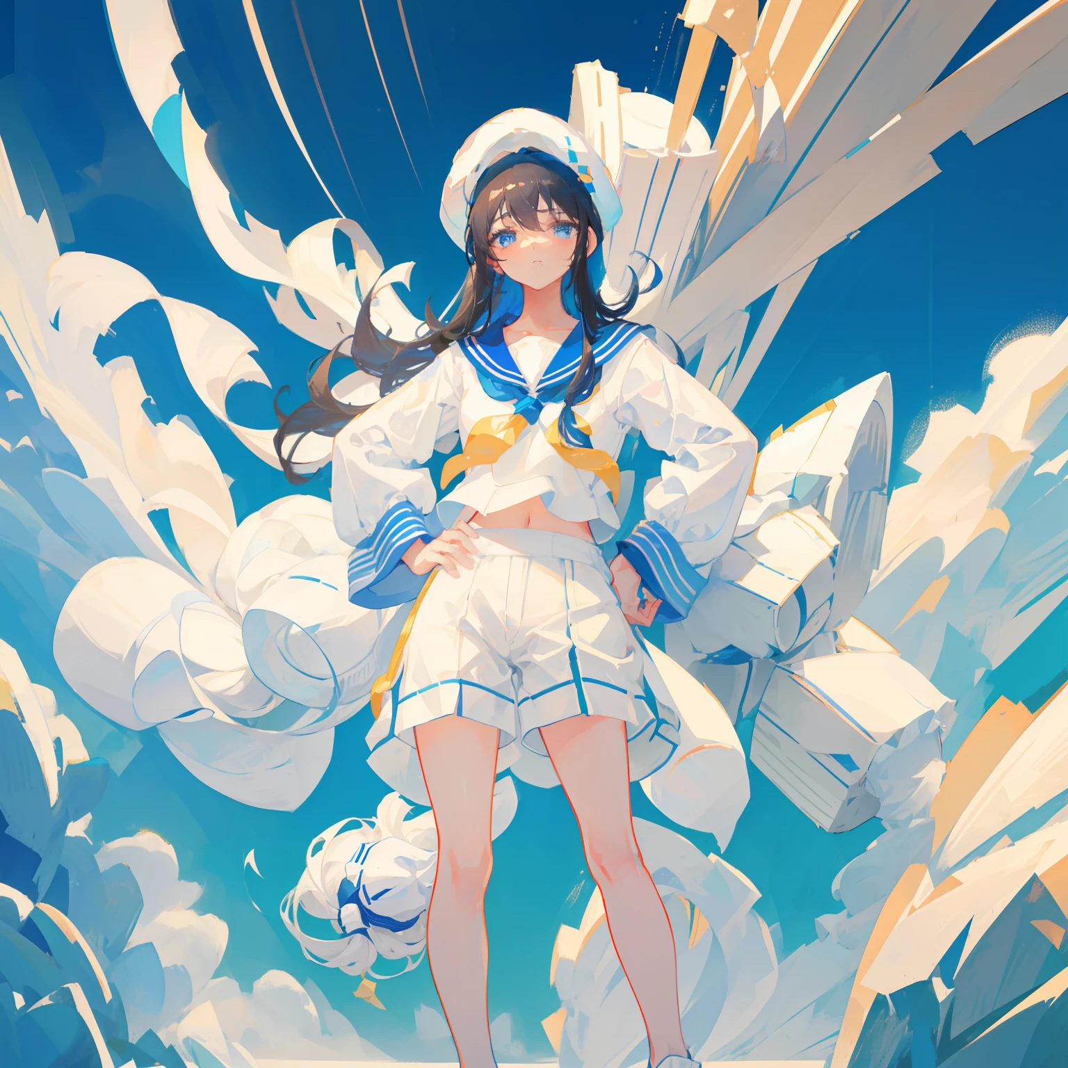 The image is of a woman in a white and blue sailor outfit, with long black hair and blue eyes and a white hat. She's standing with her hands on her hips and a sad look on her face. She wears a long top that covers her hips and small shorts. On his head he has a tiny white beret.