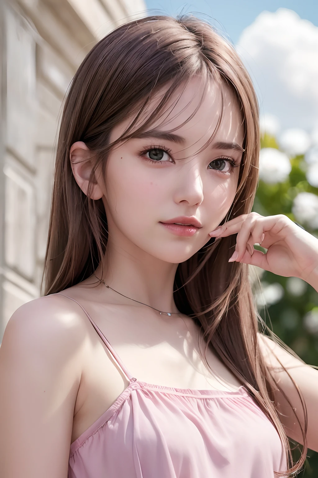 (8k, Best Quality, Masterpiece:1.2), (Realistic, Photorealistic:1.37), Ultra Detail, 1 Girl,Cute,Solo,Beautiful Detailed Sky,Date,(Blush),(Smile:1.15),(Closed Mouth)Small Breasts,Beautiful Detailed Eyes,(Long Hair: 1.2),Floating Hair NovaFrogStyle, Upper Body, Tank Top