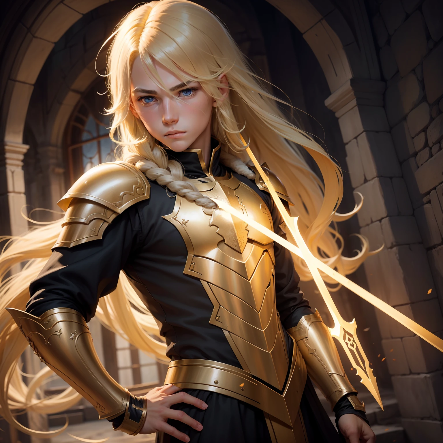 Draw a young boy with long yellow hair,Paladin form,Highlight the breath of the strong,Gentle and elegant temperament,Holding a yellow longbow