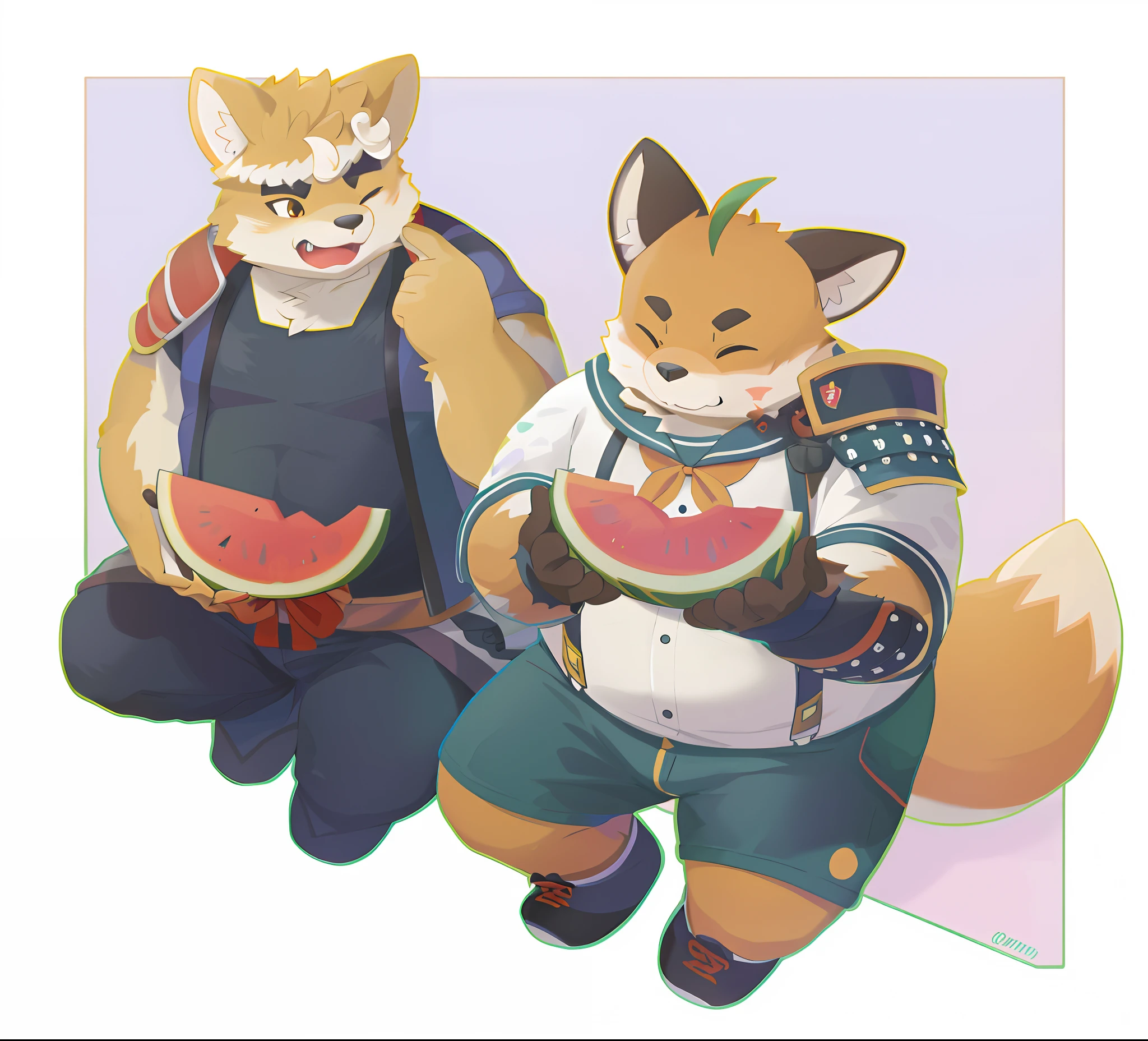 Picture of two tigers in anime style holding watermelon slices in their hands, Anthropomorphic fat bear, Star Fox, furry tail, jazza and rossdraws, Furry art!!!, inspired by Shiba Kōkan, commission on furaffinity, wearing a melon, fursona wearing stylish clothes, High-quality fanart, kemonomimi