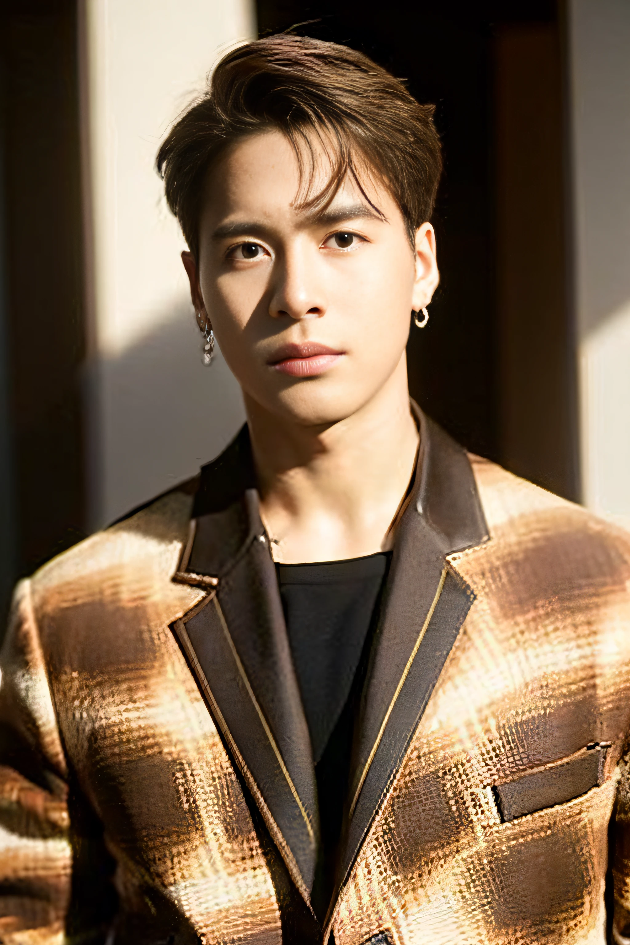 Male, Handsome, Brown hair, Earrings, (Photorealistic:1.4), Best quality, Masterpiece, Photography, view the viewer, Wearing a jacket, standing, street, day