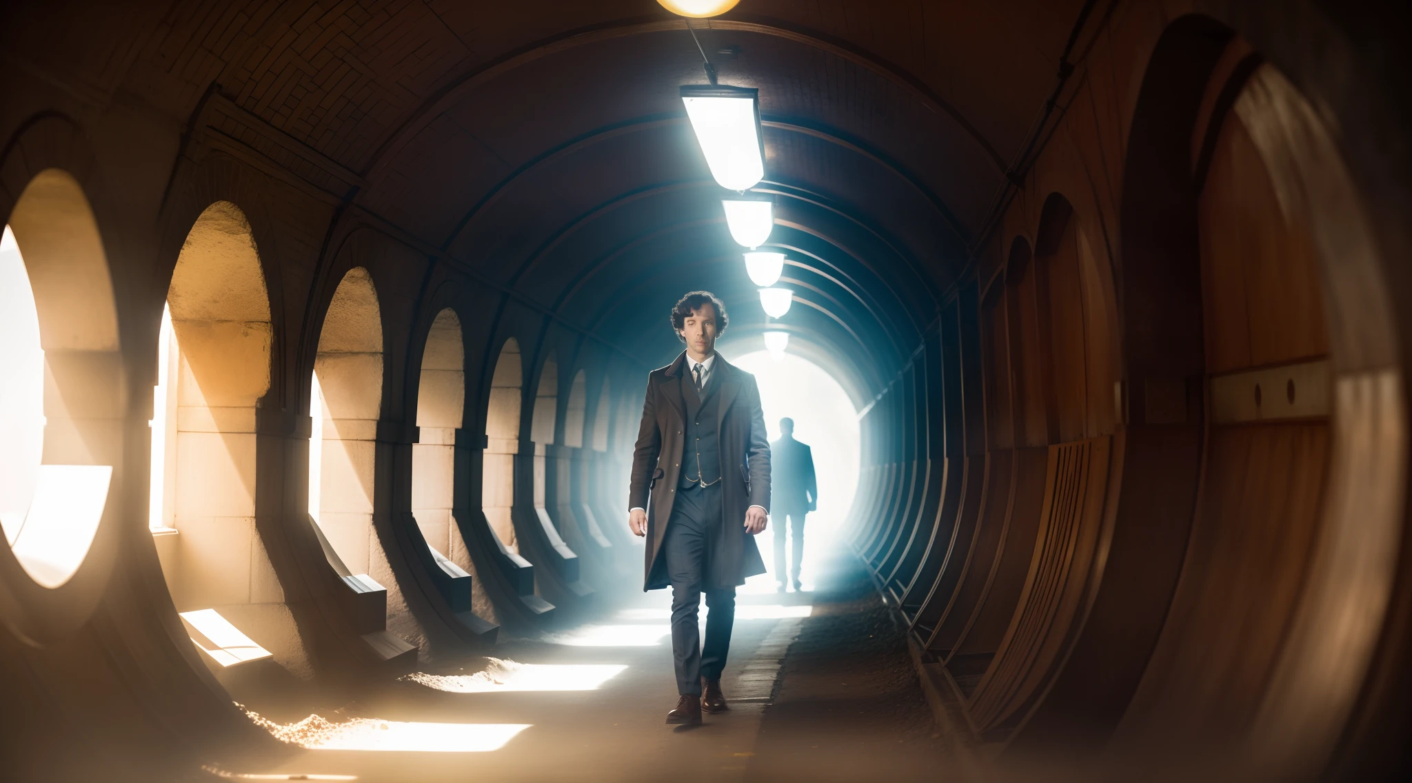 There's a man walking through a tunnel with a suitcase, cinematic shot epic portraits, filme ainda 8K, cinematic outfit photo, great composition cinematic, cinematic contrasted lighting, 8 k filme ainda, cavalheiro, Directed by: John La Gatta, cinematic atmospheric photo, Cinematic Still Shot, Cinematic Shot!, Directed by: Daniel Ljunggren, Retrato de Sherlock Holmes