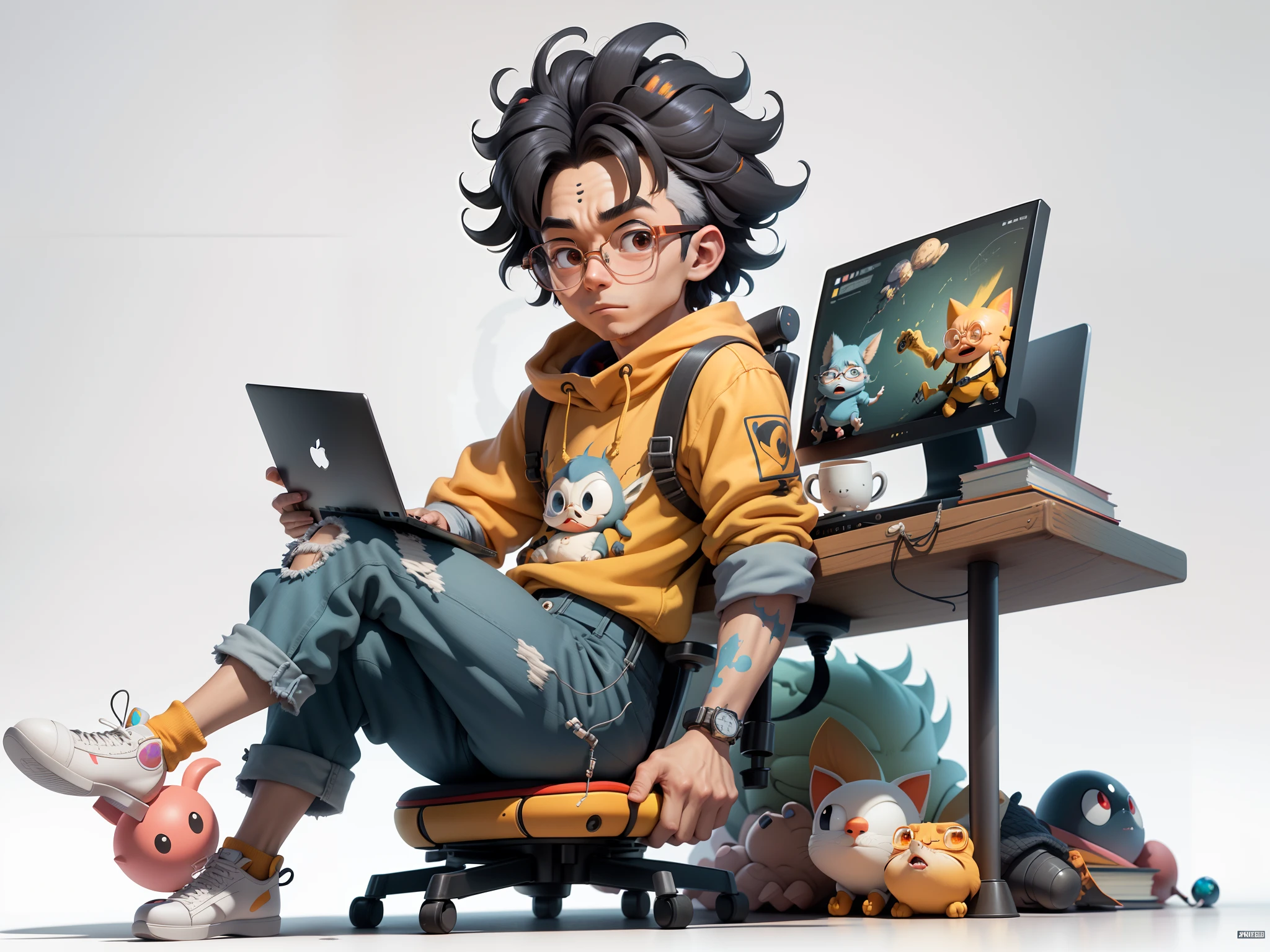 A young man with glasses sits at his desk,holding laptop,digitial painting,3D character design by Mark Clairen and Pixar and Hayao Miyazaki and Akira Toriyama,4K HD illustration,Very detailed facial features and cartoon-style visuals。
