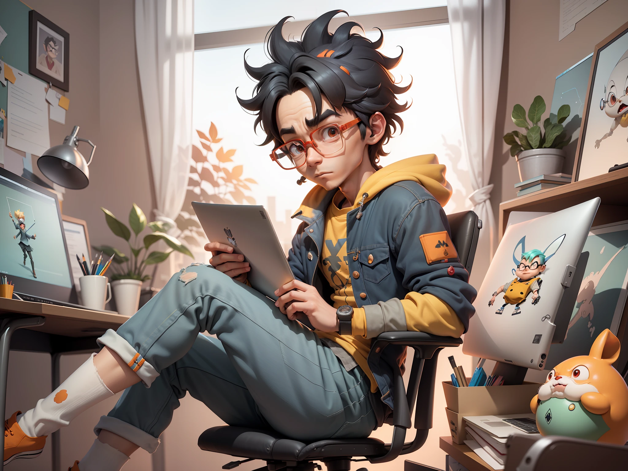 A young man with glasses sits at his desk,holding laptop,digitial painting,3D character design by Mark Clairen and Pixar and Hayao Miyazaki and Akira Toriyama,4K HD illustration,Very detailed facial features and cartoon-style visuals。