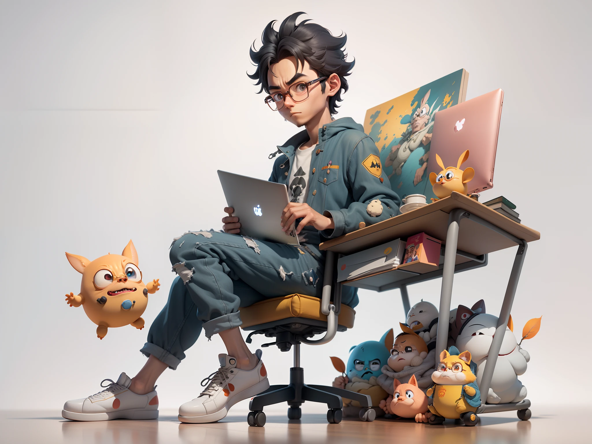 A young man with glasses sits at his desk,holding laptop,digitial painting,3D character design by Mark Clairen and Pixar and Hayao Miyazaki and Akira Toriyama,4K HD illustration,Very detailed facial features and cartoon-style visuals。
