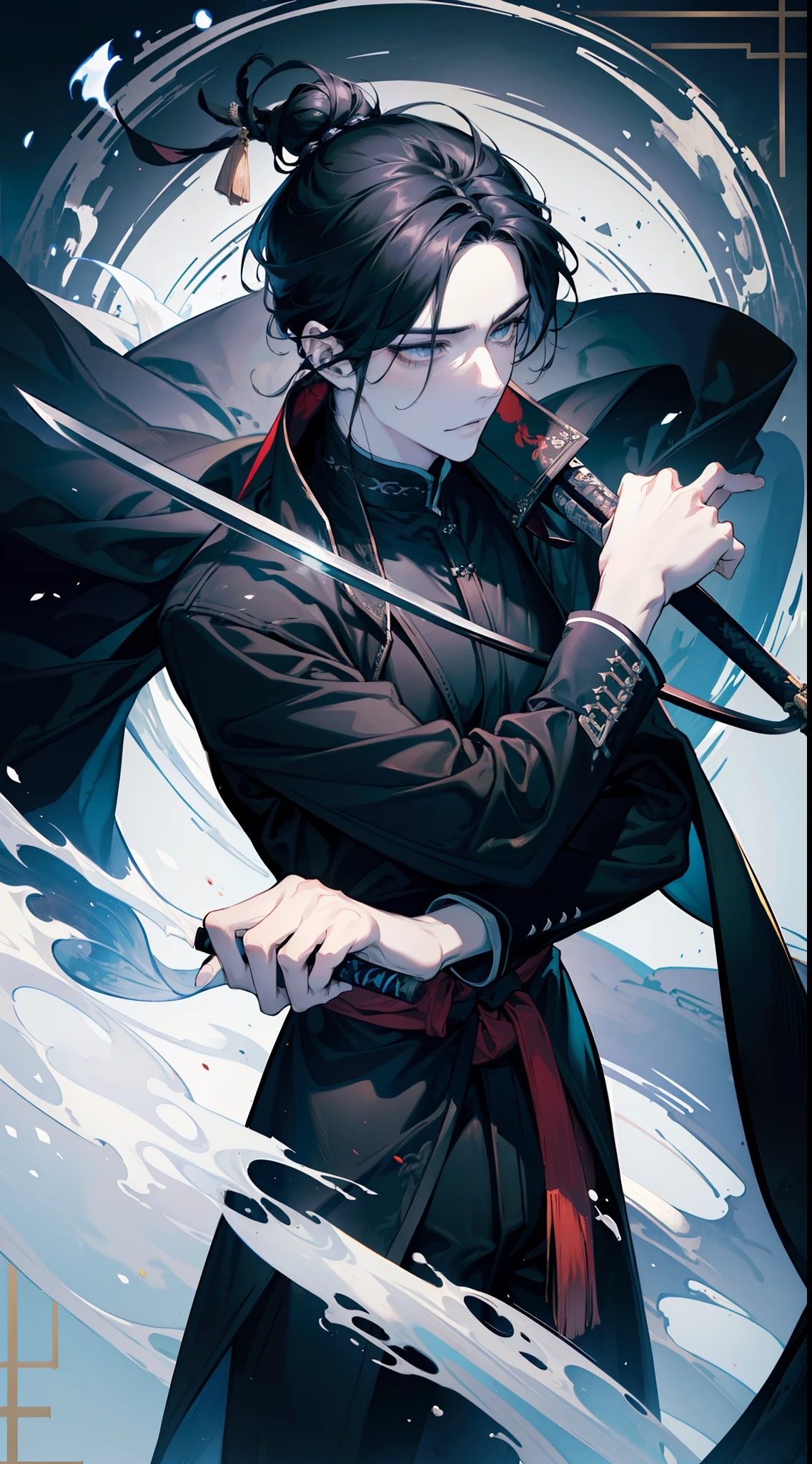 tall muscular guy, masterpiece, a closeup of a man with a sword in a black robe, bun black hair, long hair, black eyes, a character portrait by Yang J, trend in cgsociety, fantasy art, beautiful character painting, guweiz-style art, guweiz, white hanfu, flowing white robes, full-body wuxia, exquisite epic character art, stunning character art, handsome man killer, male, black hair, one hand holding a katana, 1boy, (mature male: 1.4), 1boy, solo, , light yellow eyes, detailed eyes, quality eyes, high detailed sword, black robe, florest background, ultra detailed eyes, 4k eyes