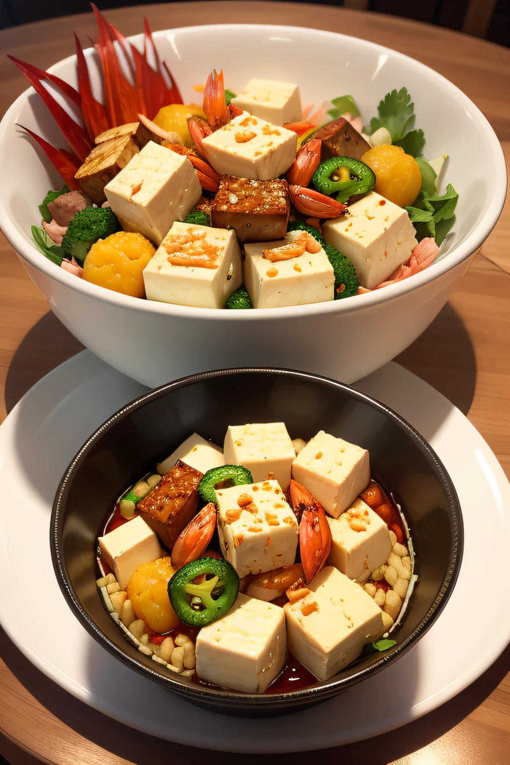 A bowl of spicy mix, with shrimp, tofu cubes, coriander, fish balls, tofu puffs, beef cubes