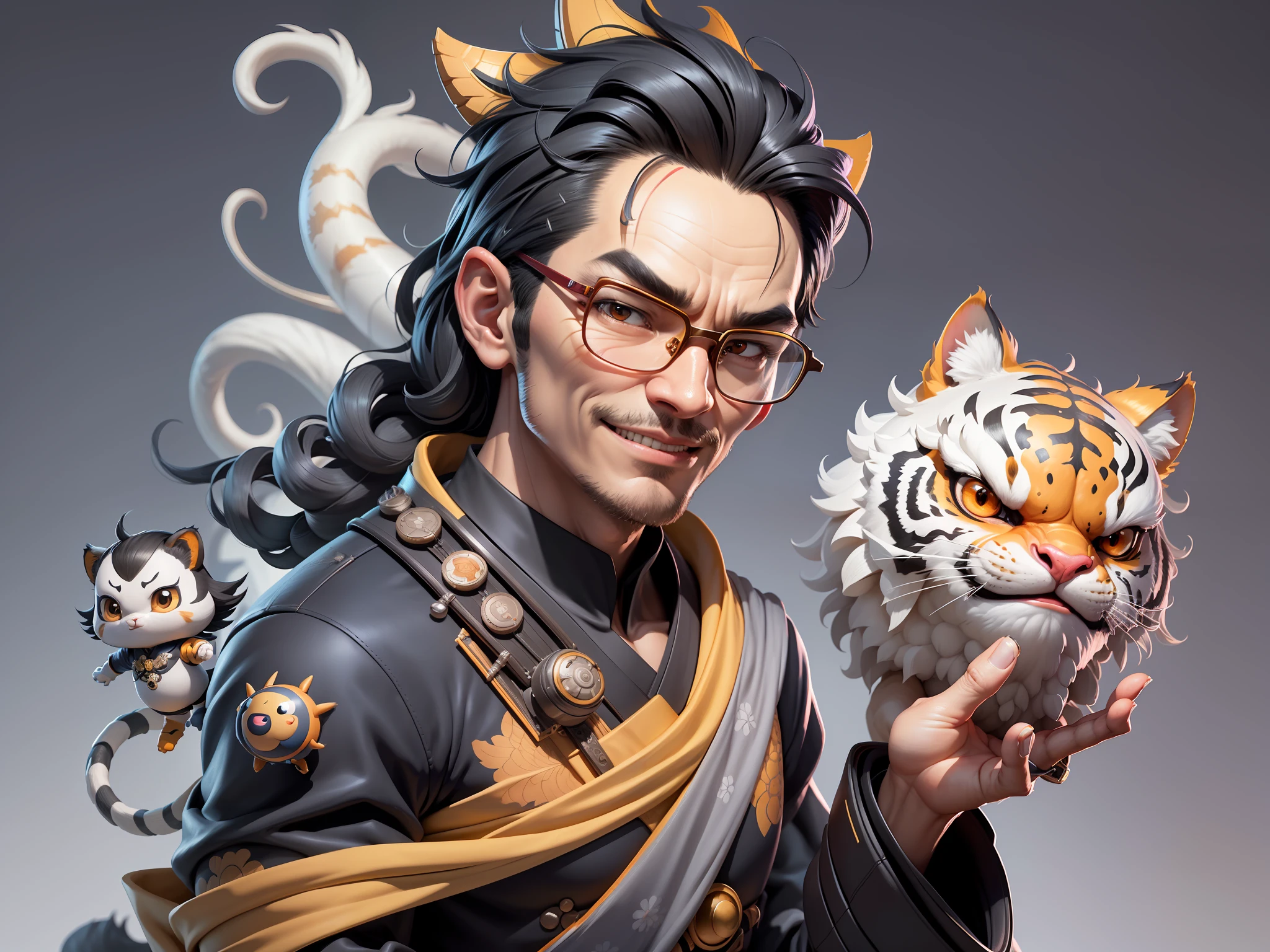 (Masterpiece), (Excellent), (Super Meticulous), (Full Body: 1.2), Super Young Man with Japanese Female Geisha, Pretty, Beautiful, Chinese Dragon, Tiger, Wind God Thor, Sexy, Bursting, Oriental Face, TV Anchor, Bust Portrait Illustration, Black Suit, Blue Tie, Slightly Chubby Face, Silver Glasses, Very Clean Face, No Beard on Chin, Black Super Short Hair, Black Eyes, Confident Smile, 3c Computer Sub-Products, iPad, iPhone, Digital Painting, 3D character design by Mark Clairedon and Pixar and Hayao Miyazaki and Akira Toriyama, the illustrations are HD illustrations in 4K resolution with highly detailed facial features and cartoon-style visuals.