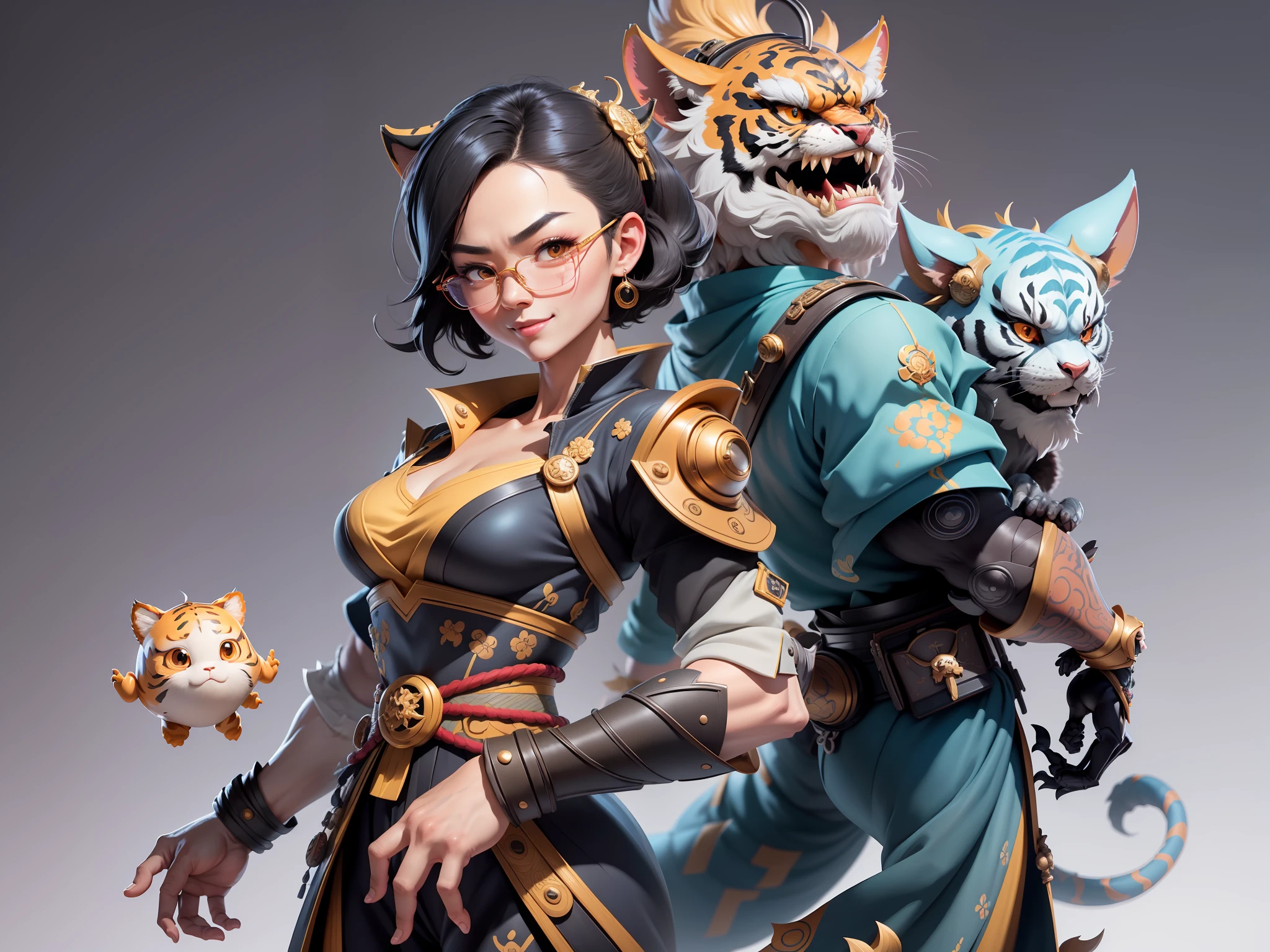 (Masterpiece), (Excellent), (Super Meticulous), (Full Body: 1.2), Super Young Man with Japanese Female Geisha, Pretty, Beautiful, Chinese Dragon, Tiger, Wind God Thor, Sexy, Bursting, Oriental Face, TV Anchor, Bust Portrait Illustration, Black Suit, Blue Tie, Slightly Chubby Face, Silver Glasses, Very Clean Face, No Beard on Chin, Black Super Short Hair, Black Eyes, Confident Smile, 3c Computer Sub-Products, iPad, iPhone, Digital Painting, 3D character design by Mark Clairedon and Pixar and Hayao Miyazaki and Akira Toriyama, the illustrations are HD illustrations in 4K resolution with highly detailed facial features and cartoon-style visuals.