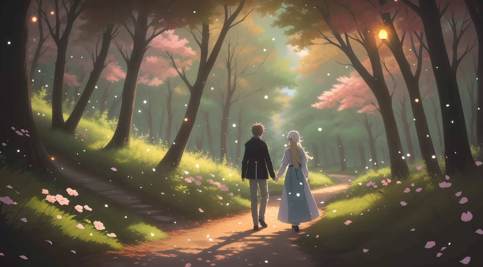 There is a painting,A couple walking down a path in the woods, anime lush john 8k woods, drawn in anime painter studio, made with anime painter studio, beautiful anime scenes, anime beautiful peace scene, Anime art wallpaper 8 K, Anime background art, Anime art wallpaper 4 K, Anime art wallpaper 4k, anime countryside landscape, Beautiful anime