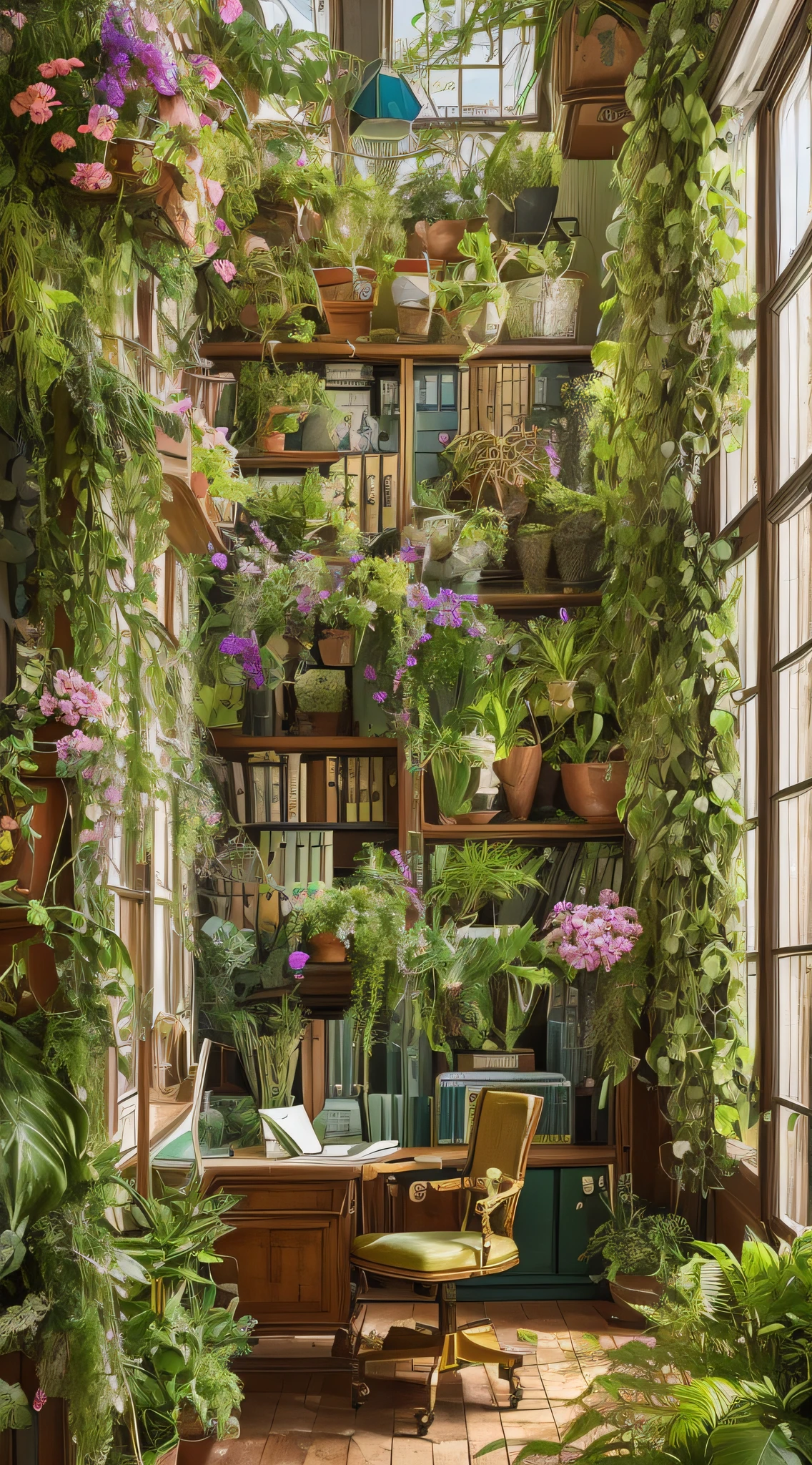 Architectural Digest photo of a maximalist green {vaporwave/steampunk/solarpunk} ((Home office)) with flowers and plants, golden light, hyperrealistic surrealism, award winning masterpiece with incredible details, epic stunning