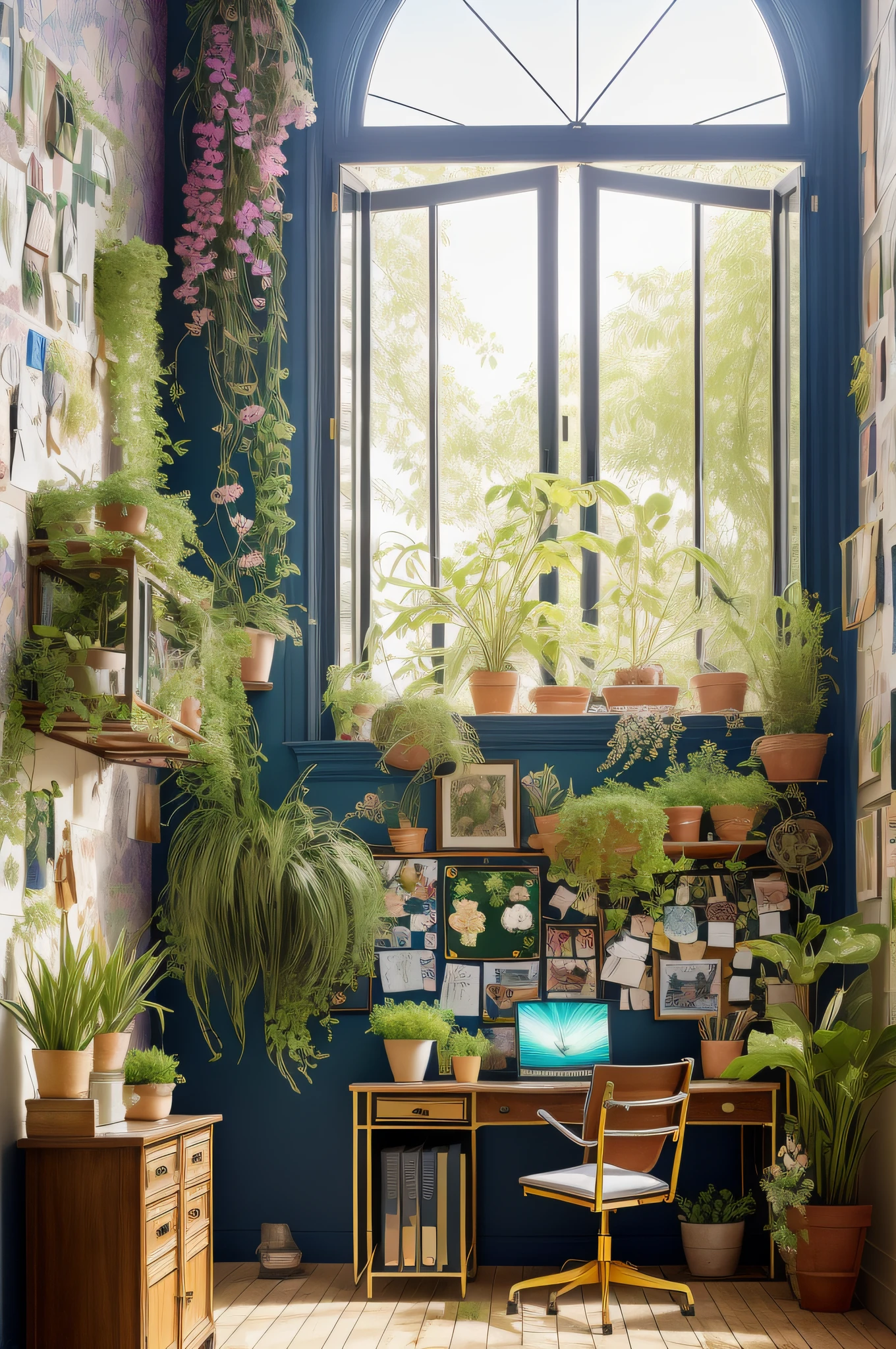 Architectural Digest photo of a maximalist green {vaporwave/steampunk/solarpunk} ((Home office)) with flowers and plants, golden light, hyperrealistic surrealism, award winning masterpiece with incredible details, epic stunning