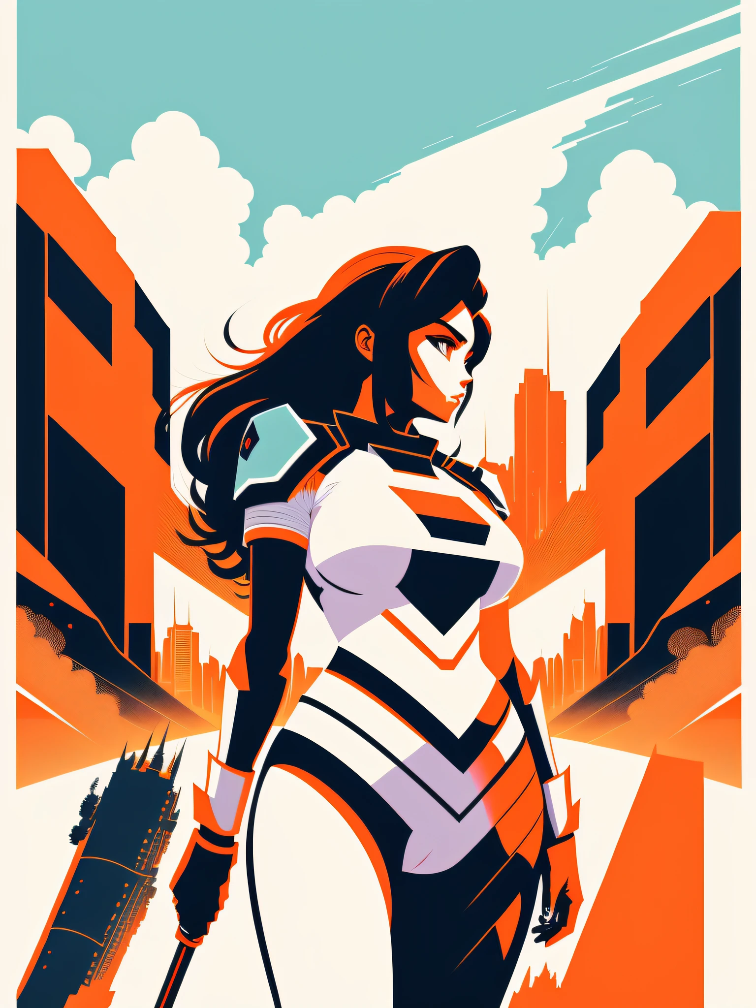 graphic design t-shirt, flat design, futuristic warrior woman in the background a giant robot in the middle of a city in ruins, creates the scene where the woman is in front looking at the robot in the distance, colorful tones, highly detailed cleaning, vector image, professional photography , smoke explosion, simple background, plain white background, bright vector ((white background))