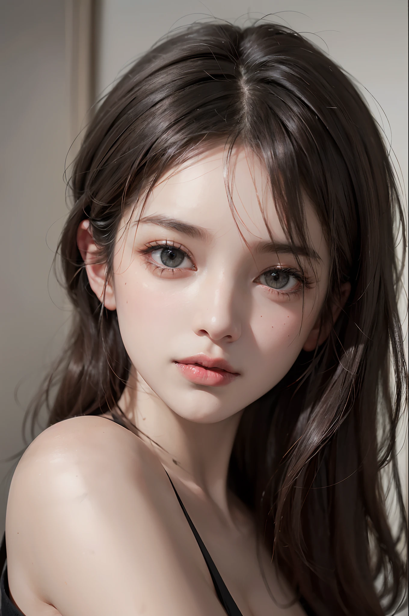 a 20 yo woman, black hair, looking in the camera with sensuality, soft lighting, HDR, dark theme, soothing tones, muted colors, high contrast, (natural skin texture, hyperrealism, soft light, sharp)
