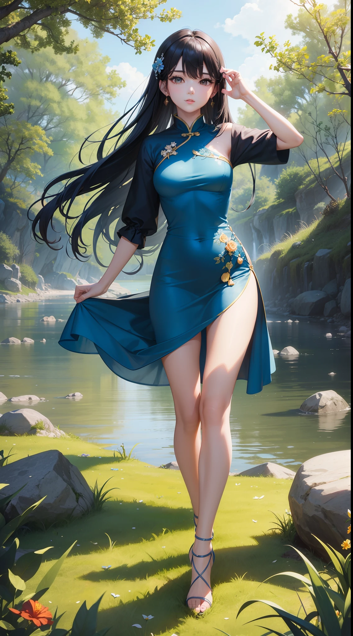 A very beautiful woman,20-year-old beauty,Chinese beautiful woman,Long black hair,slim toned body,Melon seed face,Light blue is a good-looking short-sleeved dress,Mini ultra-short group,Long legs,high-heels,Standing next to the creek,A light breeze blows,and the sun was shining brightly,There are a lot of colorful flowers around,There is small grass,4K Ultra Clear,Cinematic quality,Full of detail,Full breasts,Look into the camera,It's beautiful