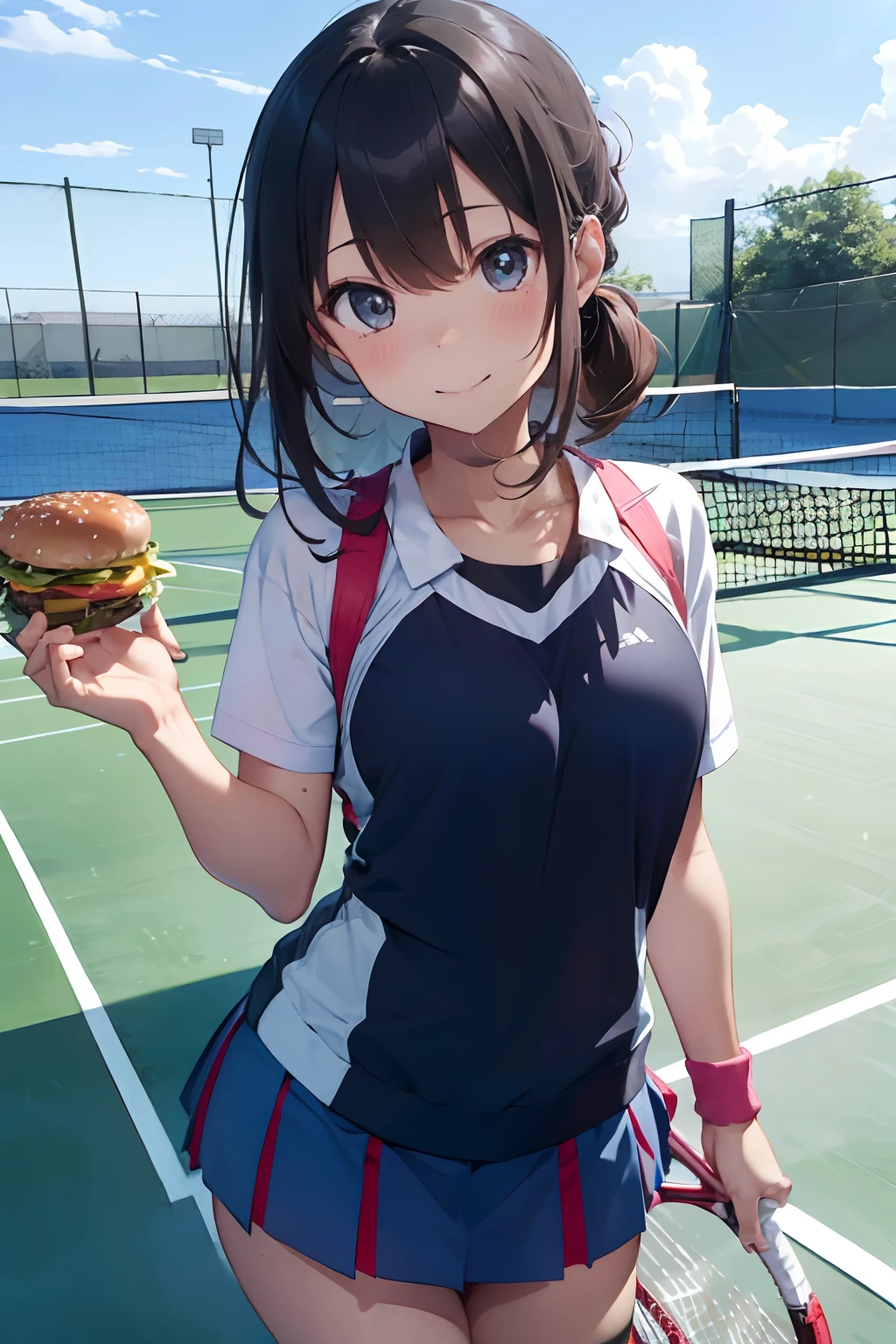 masutepiece, Best Quality, 8K_Wallpaper, (Beautiful eyes), ((Cute)), Cute, (lovely), (Tennis court on a sunny day),1girl in,small tits,1 schoolgirl,Standing Girl,Smile,facial close-up、portlate(((tennis coat)))(((Tennis Wear)))、((Having a hamburger))
