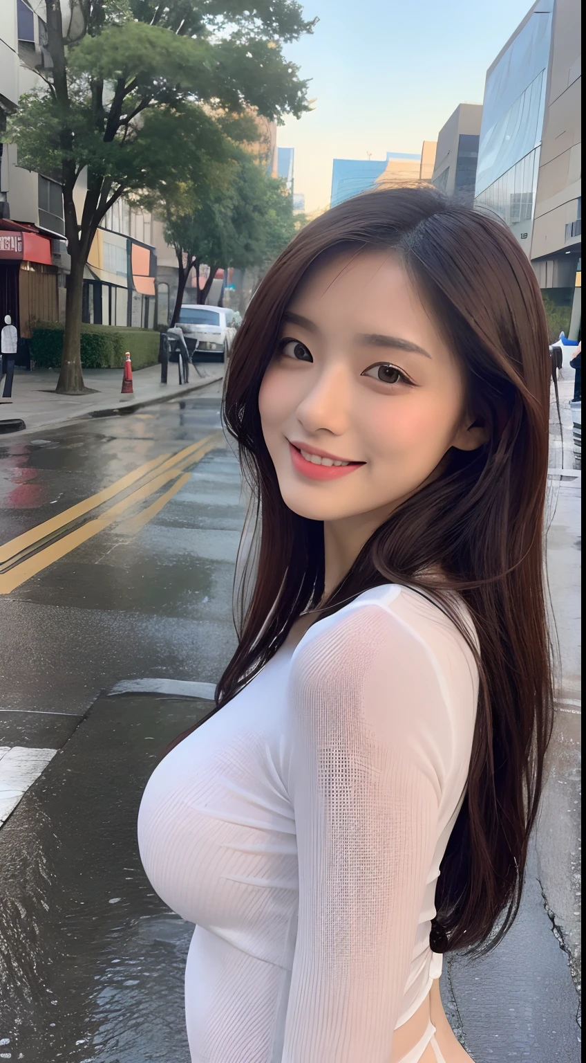 ((best qualtiy, 8k, tmasterpiece:1.3)), Focus:1.2, perfect figure beautiful woman:1.4, Cocked buttocks:1.2, ((long whitr hair)), (wetclothes:1.1) , (Rain, Street:1.3), pink tube top:1.1, Highly detailed facial and skin texture, A detailed eye, 二重まぶた,Cocked buttocks,Whiten skin,ssmile,underdressing