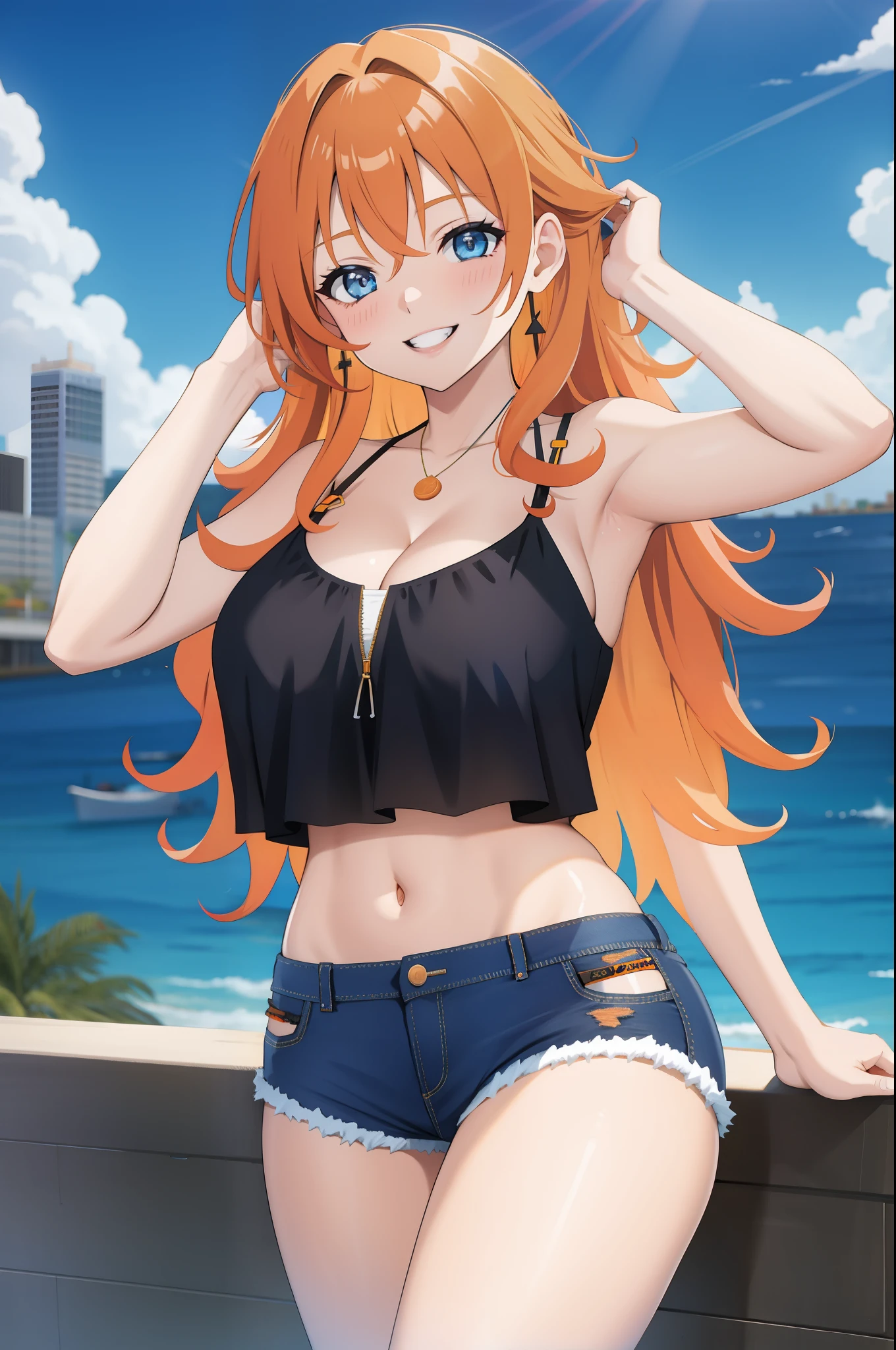 girl, orange hair, wavy hair, blue eyes, big breasts, black bikini top only, denim shorts, hand on head, dientes apretados, seductive smile, city