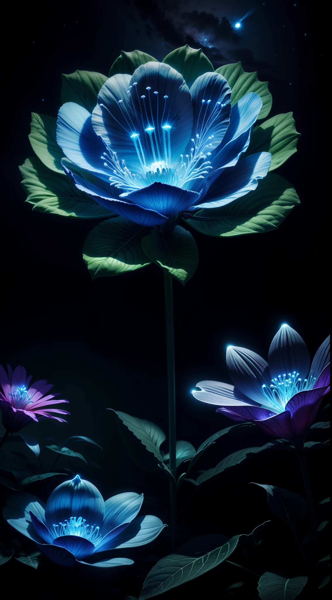 bioluminescence, flowers, night, sky
