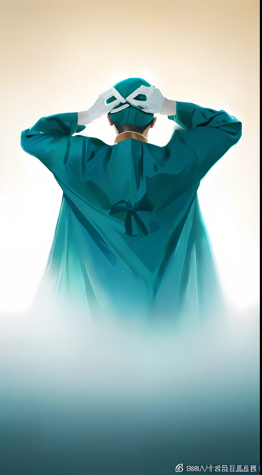 There was a man in a surgical gown who put his hand on his head, Surgical gowns and scrubs, wearing only a green robe, waving robe movement, sterile background, Wearing a hospital gown, dressed in a green robe, In the blue robe, long blue robes, robed, floating robes, Belly teal dress, surgeon, Green robe, Wearing a blue robe