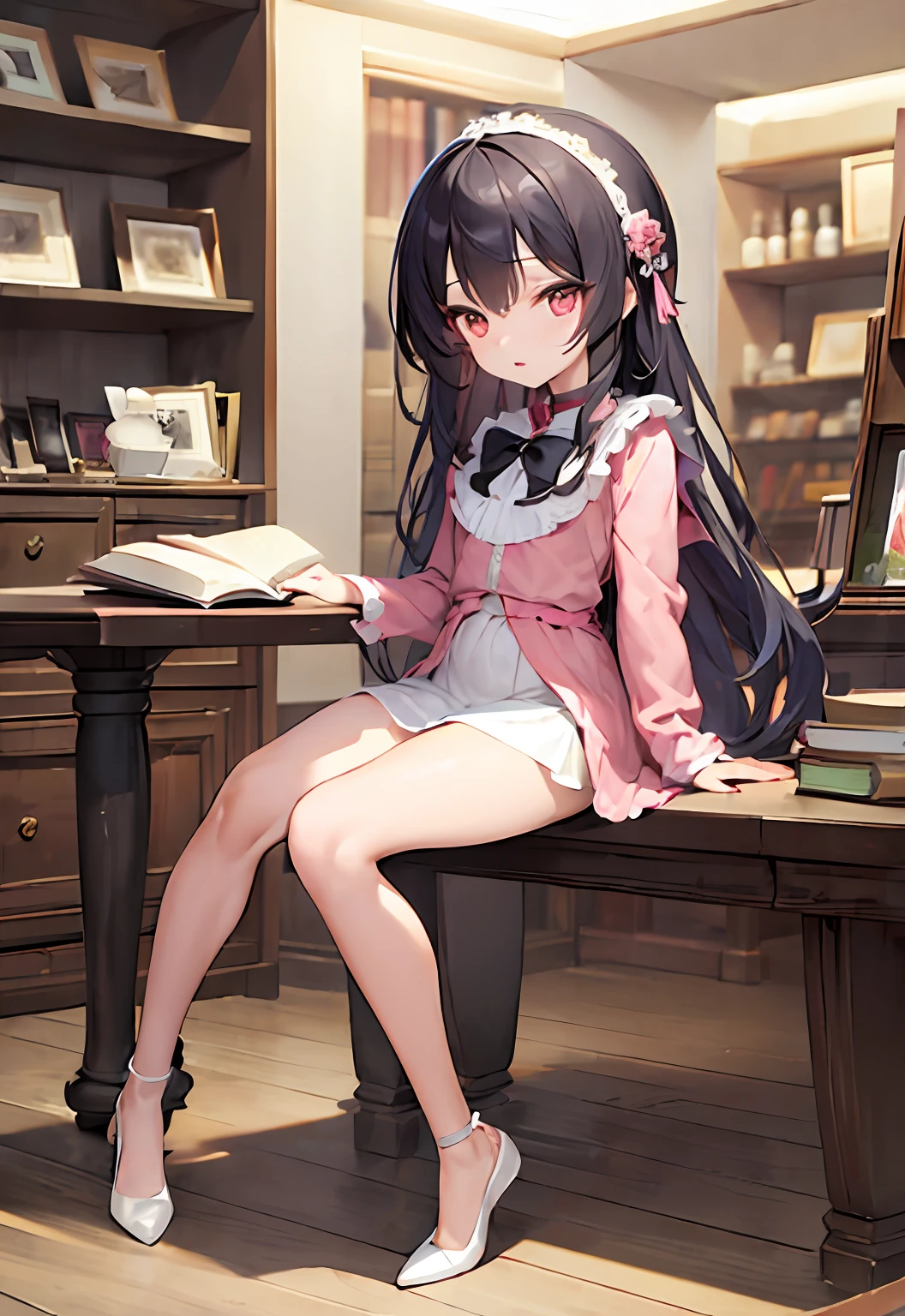 (masterpiece, best quality:1.3),
full body,small breast,
ung girl, jirai fashion with pink blouse ,black hair, long hair, looking at viewer,
shop, book, shelf,table,