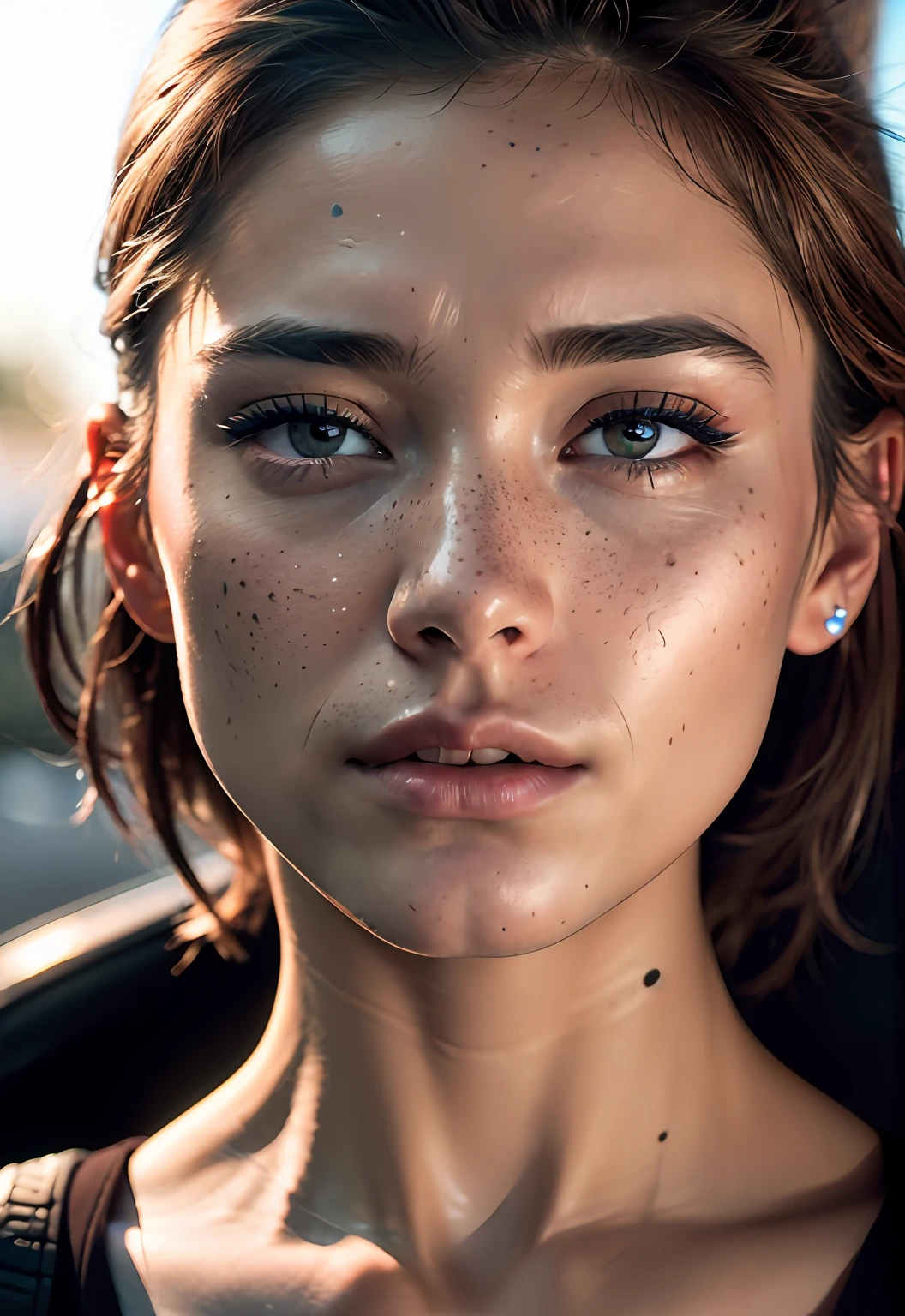 RAW photo, a 22-year-old-girl,  blue hoodie,  (1girl), (realistic), (photo-realistic:1.5), inside a car, driving, lipstick, freckles,  multicolor hair, choker, (RAW photo, 8k uhd, film grain), Sharp Eyeliner, Blush Eyeshadow With Thick Eyelashes, extremely delicate and beautiful, 8k, soft lighting, high quality, highres, sharp focus, extremely detailed, during the day, (sunlight on face), beautiful detailed eyes, extremely detailed eyes and face, masterpiece, cinematic lighting, (high detailed skin:1.2), 8k uhd, dslr, soft lighting, high quality, film grain, Fujifilm XT3,   CircuitBoardAI