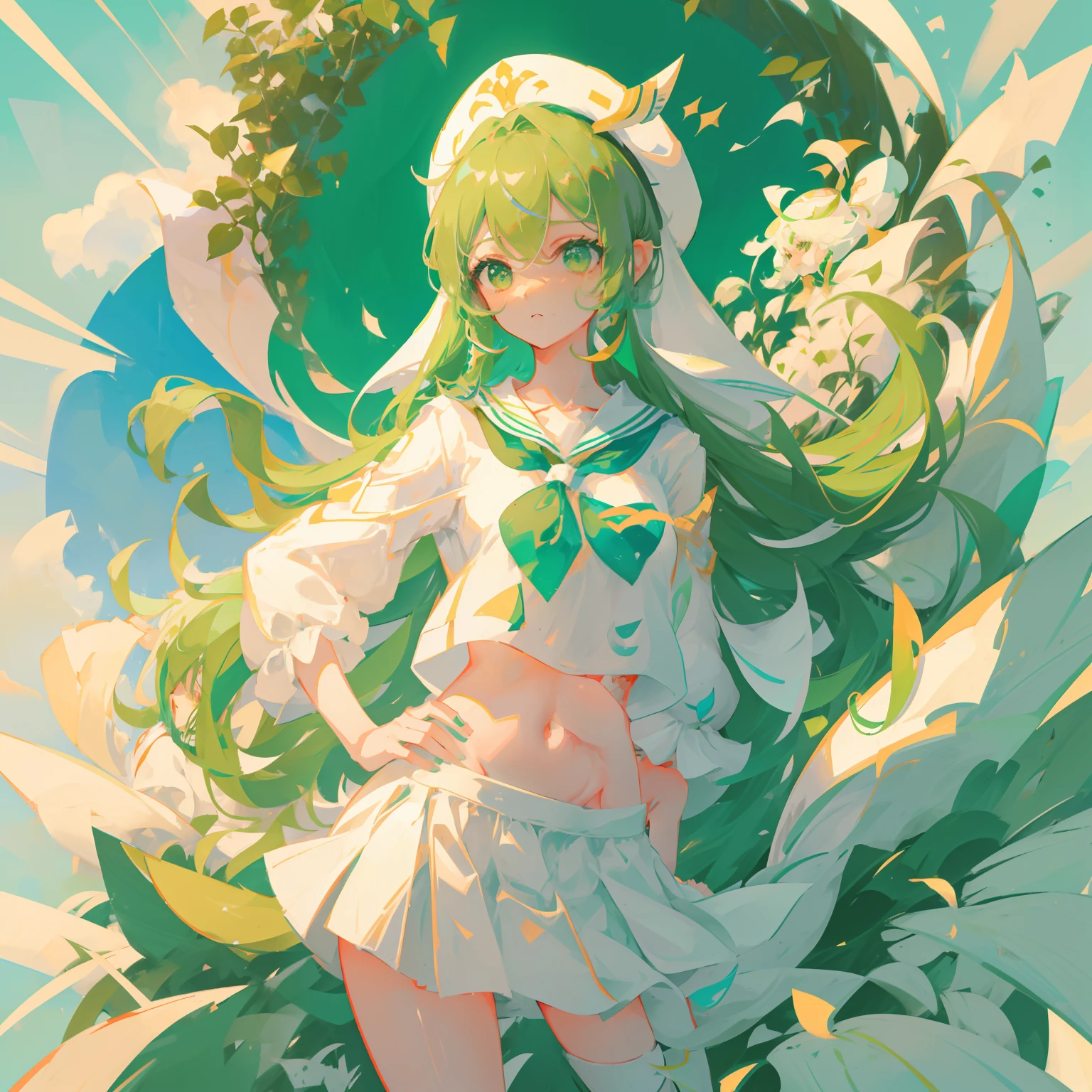 The image is of a woman in a white and green sailor's outfit, with long green hair and a white hat. She's standing with her hands on her hips and a determined look on her face. Ela usa uma blusa curta que mostra a barriga e shorts pequenos. on the headpiece, ele tem uma boina branca.